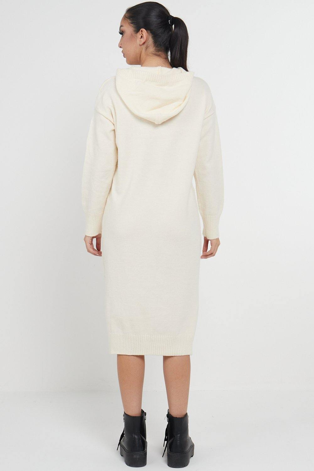 Longline Hooded Jumper Dress In Beige