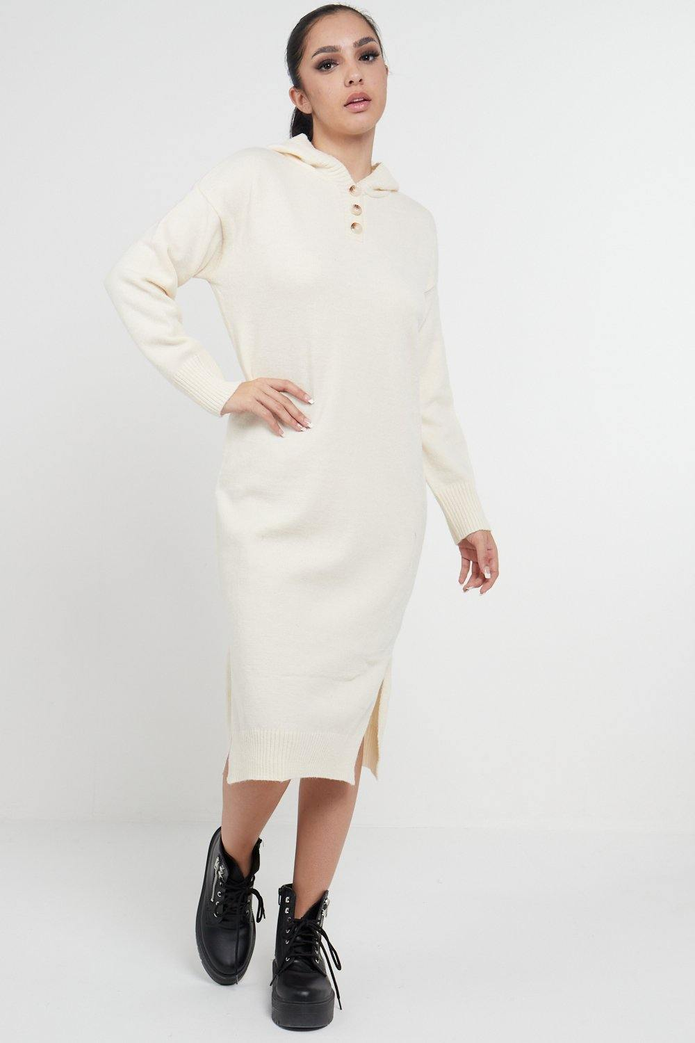 Longline Hooded Jumper Dress In Beige