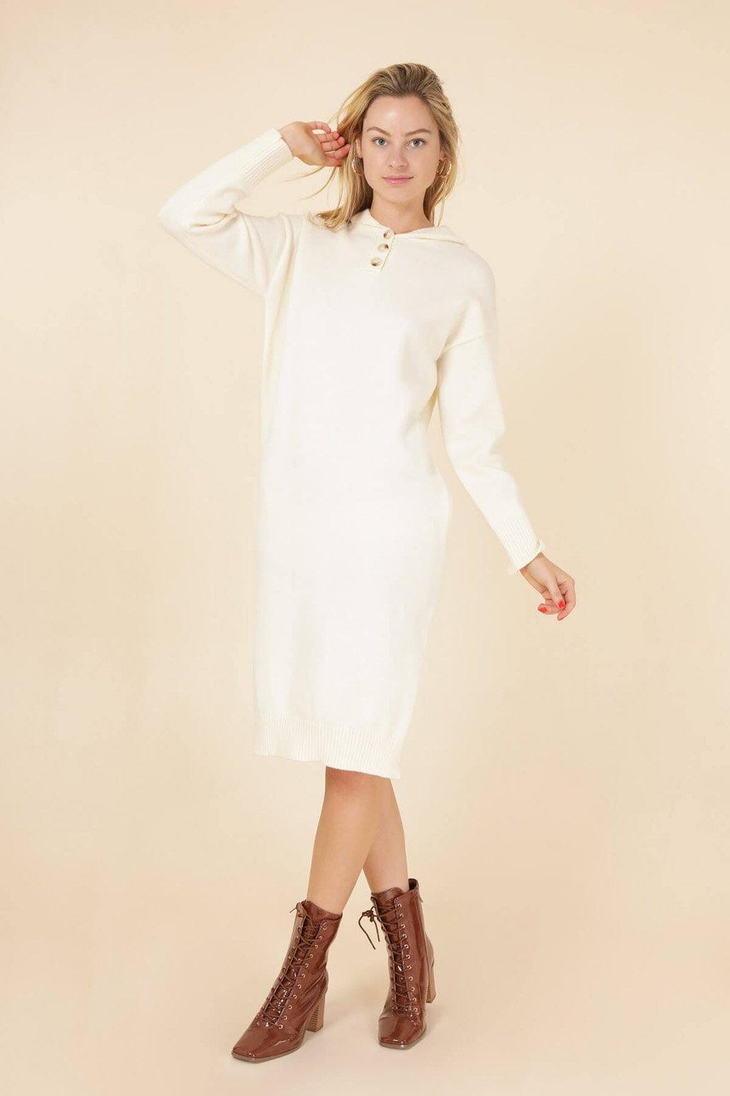 Longline Hooded Jumper Dress In Beige