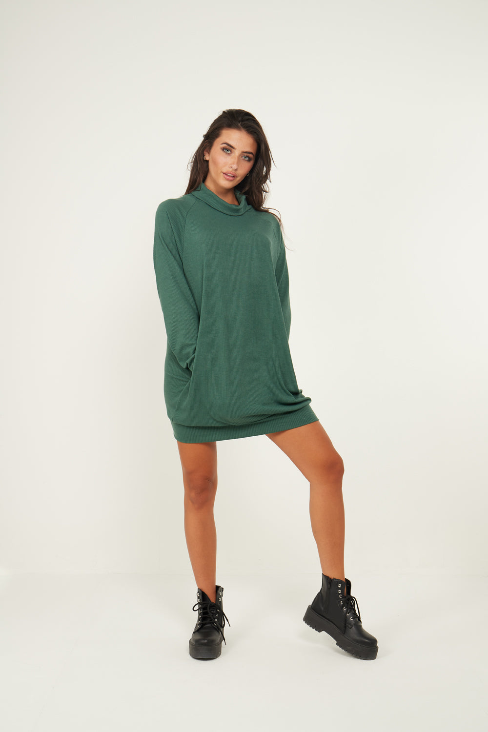 Jumper Dress With Roll Neck And Pockets In Green