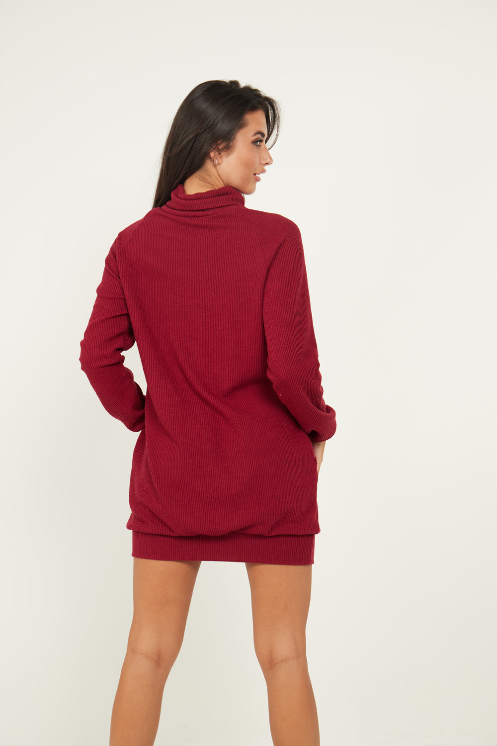 Jumper Dress With Roll Neck And Pockets In Wine