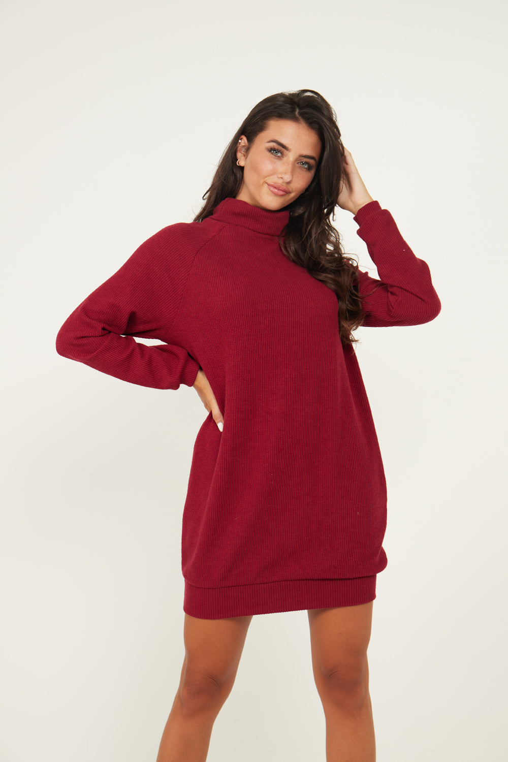 Jumper Dress With Roll Neck And Pockets In Wine