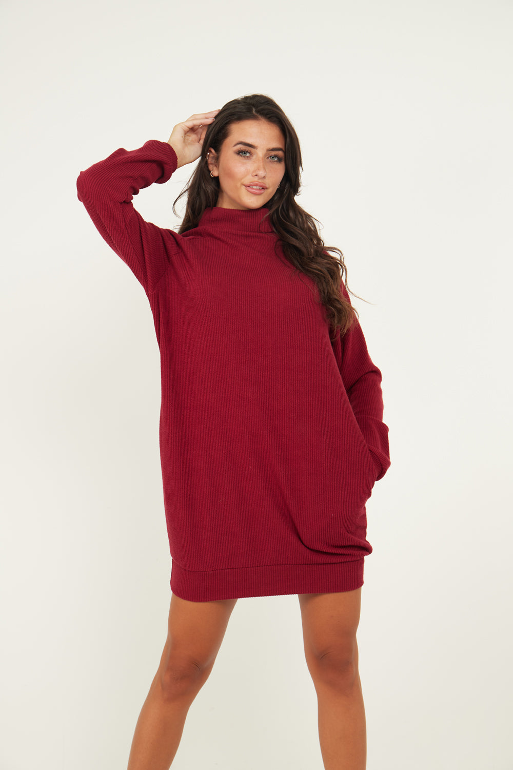 Jumper Dress With Roll Neck And Pockets In Wine