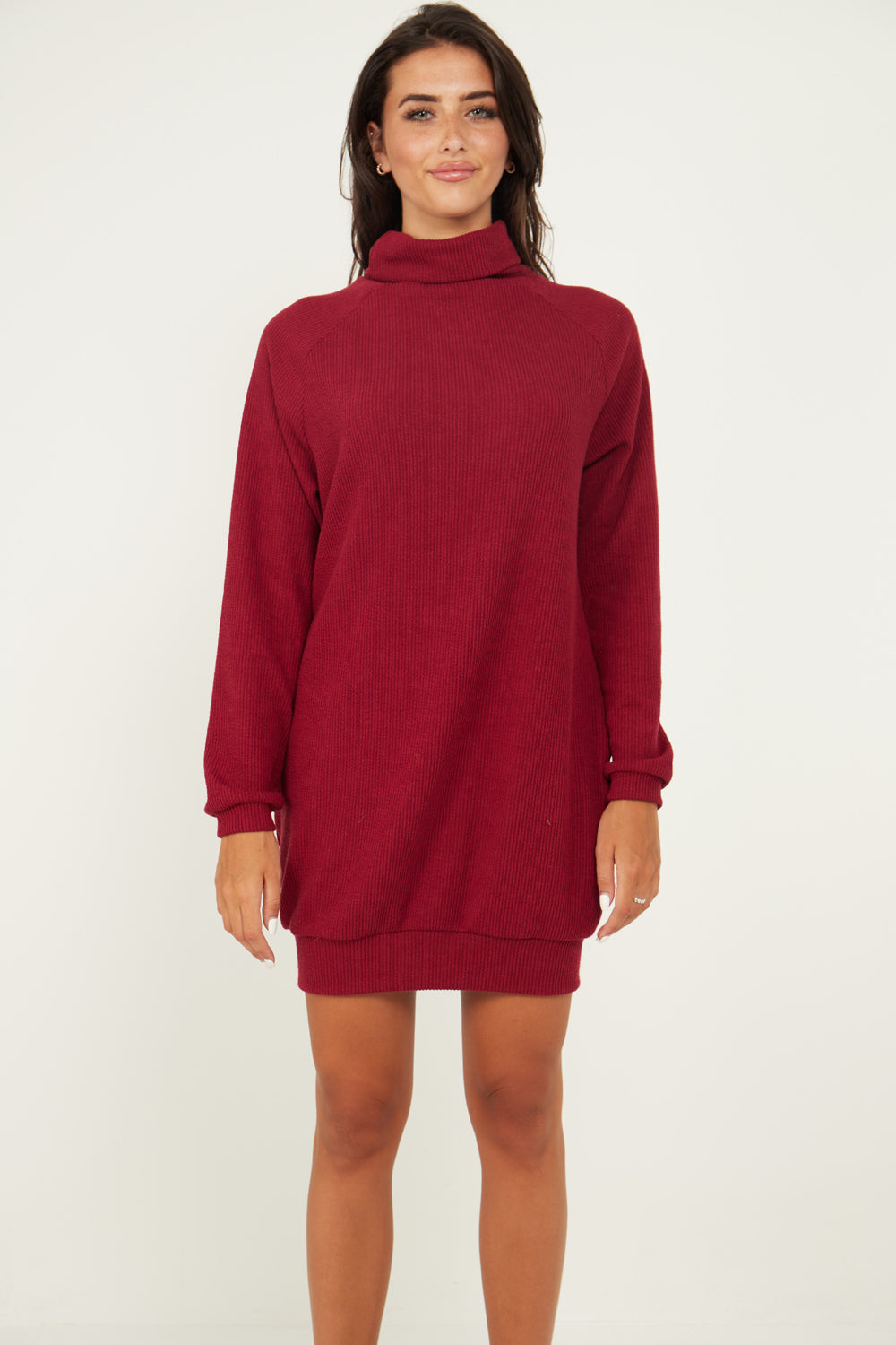 Jumper Dress With Roll Neck And Pockets In Wine