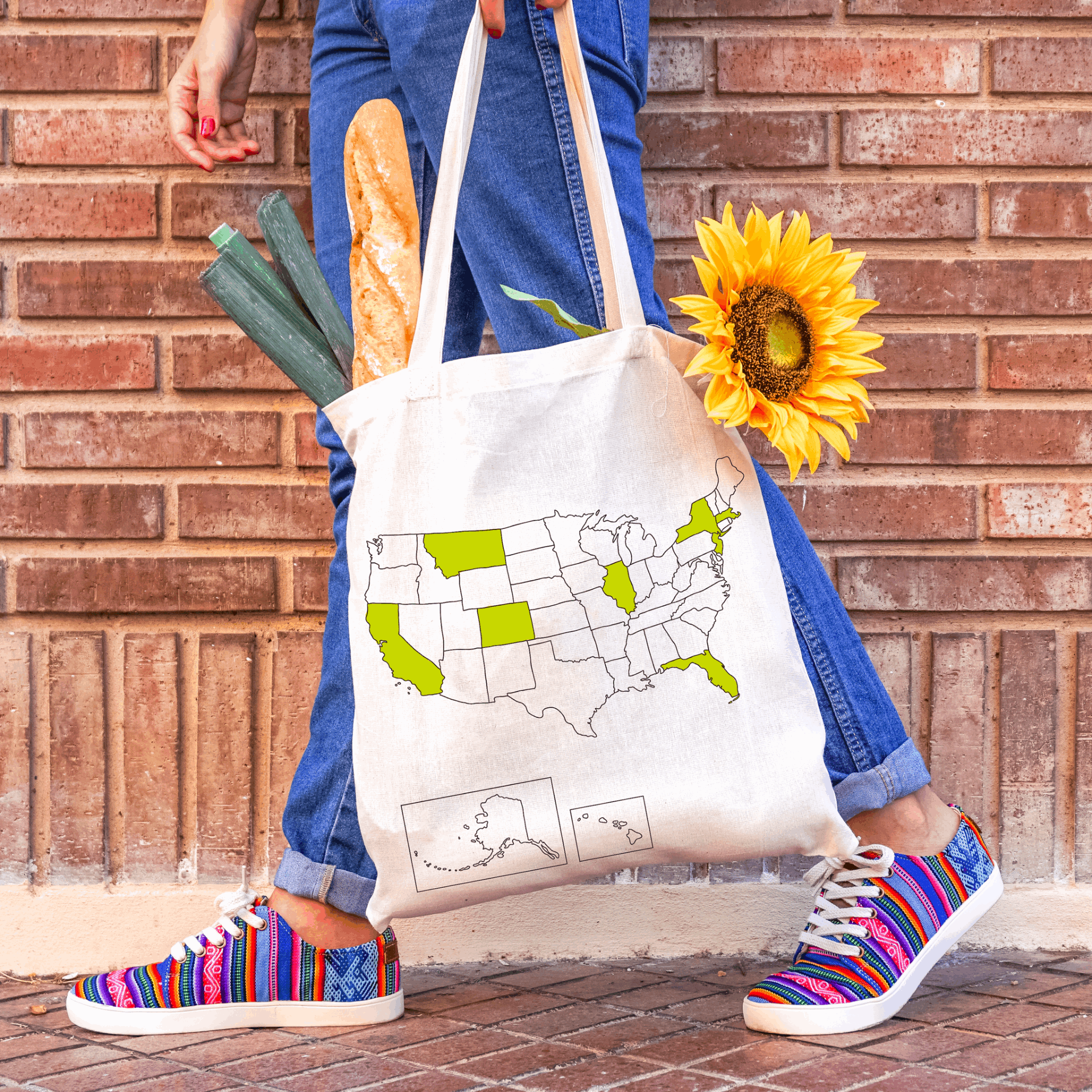 100% Cotton USA Map Colour In Tote Bag