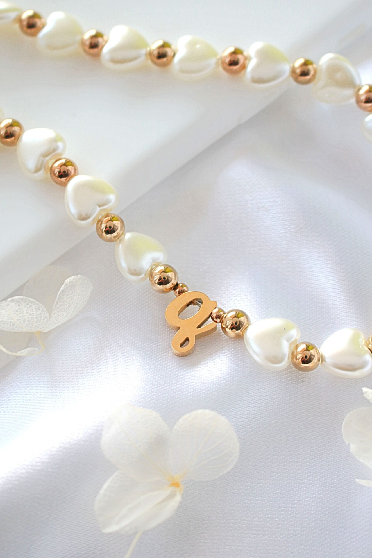 18K Custom Initial | Heart Pearls Beaded Lanyard