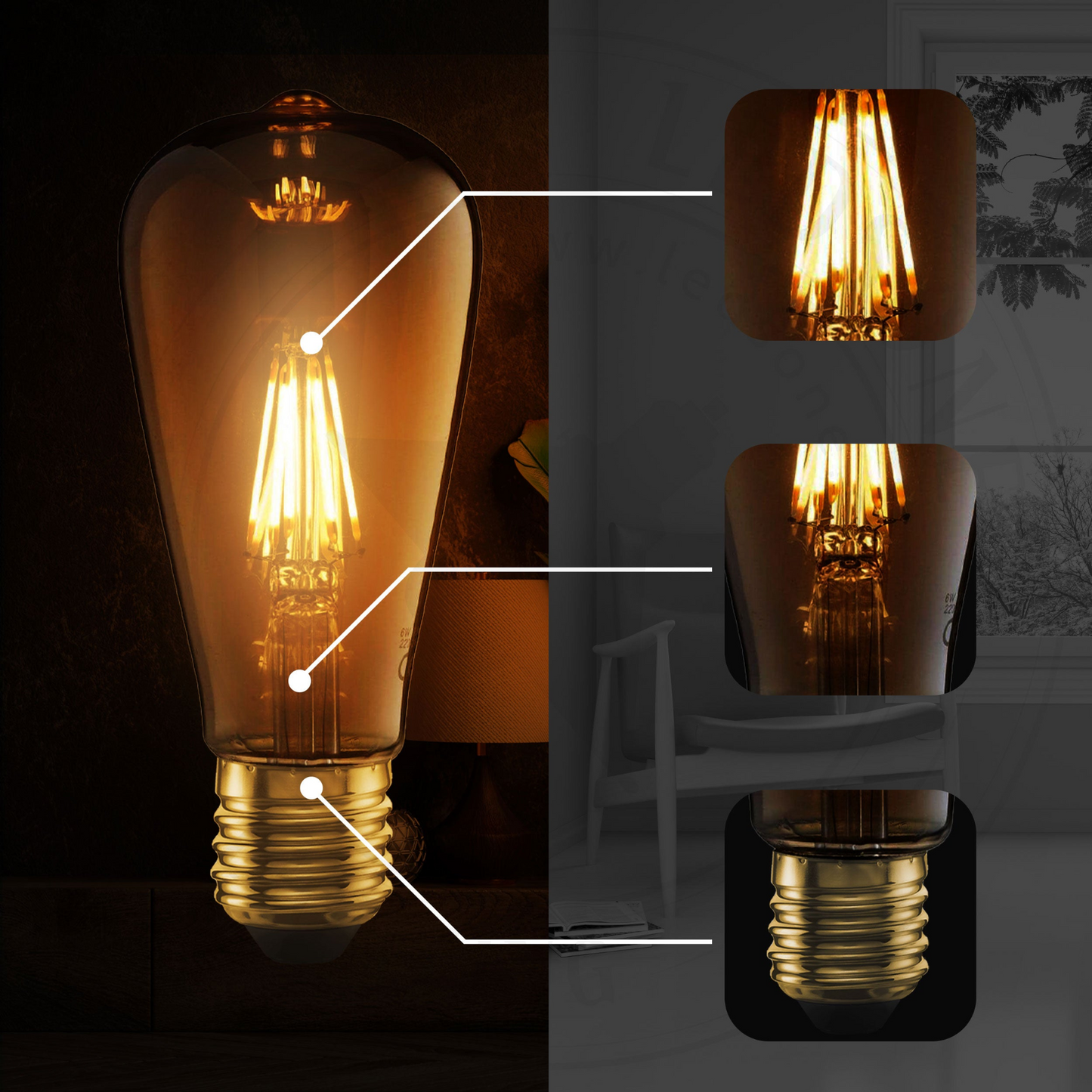 ST64 E27 Screw 6W Dimmable Vintage LED Retro Classic Filament Bulbs