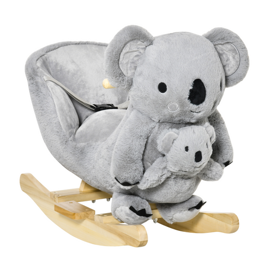 Kids Toddler Rocking Horse Plush Ride On Koala Rocker Wooden Base Seat Safety Belt w/ Gloved Doll Toy for 18-36 Months Grey