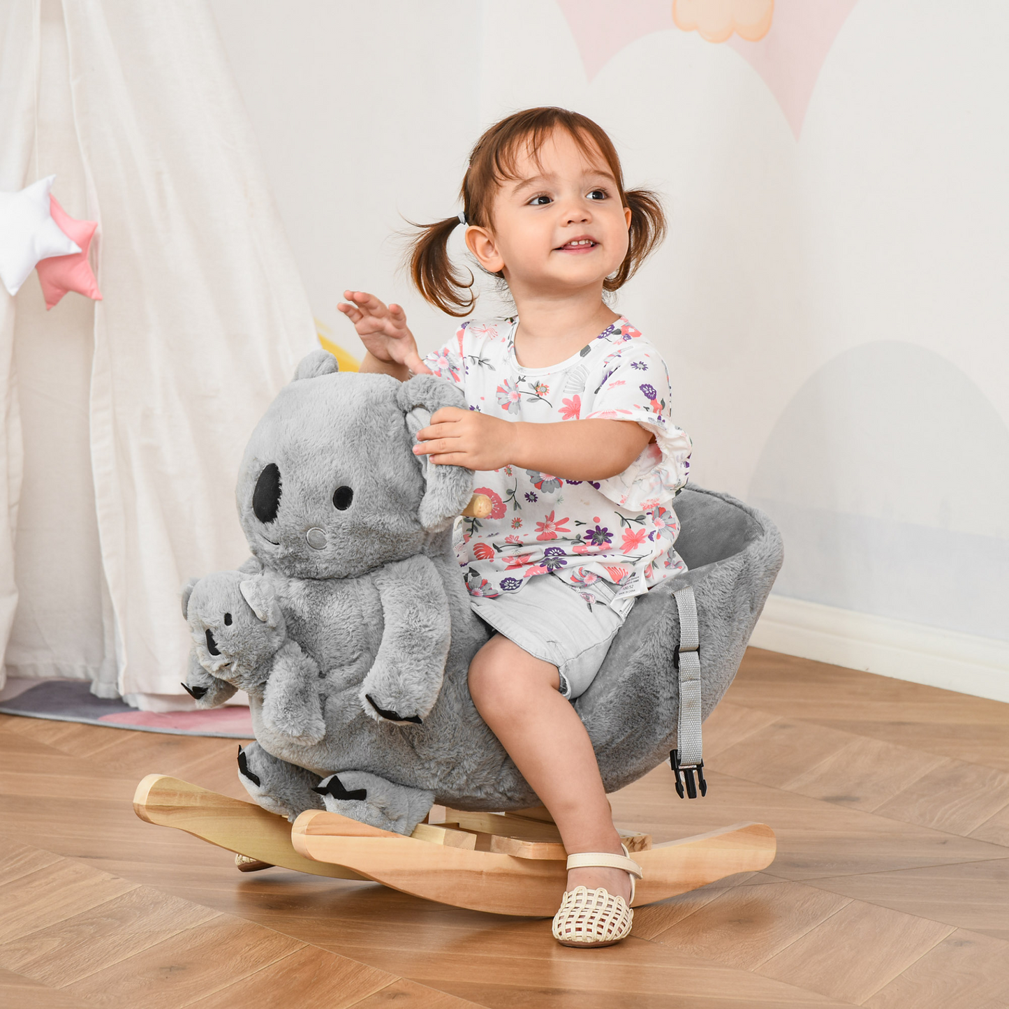 Kids Toddler Rocking Horse Plush Ride On Koala Rocker Wooden Base Seat Safety Belt w/ Gloved Doll Toy for 18-36 Months Grey