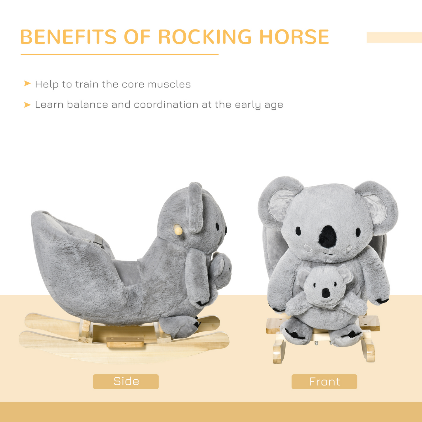 Kids Toddler Rocking Horse Plush Ride On Koala Rocker Wooden Base Seat Safety Belt w/ Gloved Doll Toy for 18-36 Months Grey