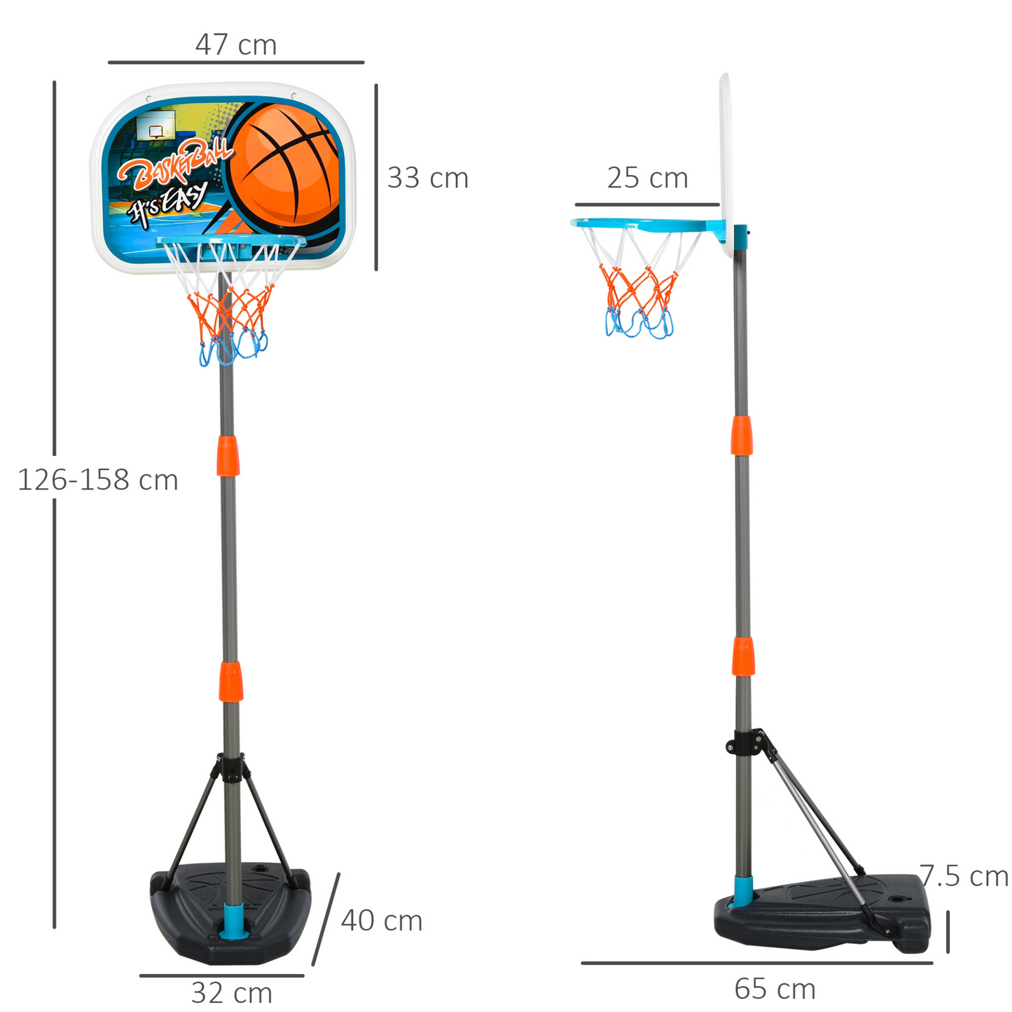 Kids Basketball Hoop and Stand Portable Basketball Stand Set w/ Ball Pump Netting Backboard Adjustable Height from 126 cm to 158 cm