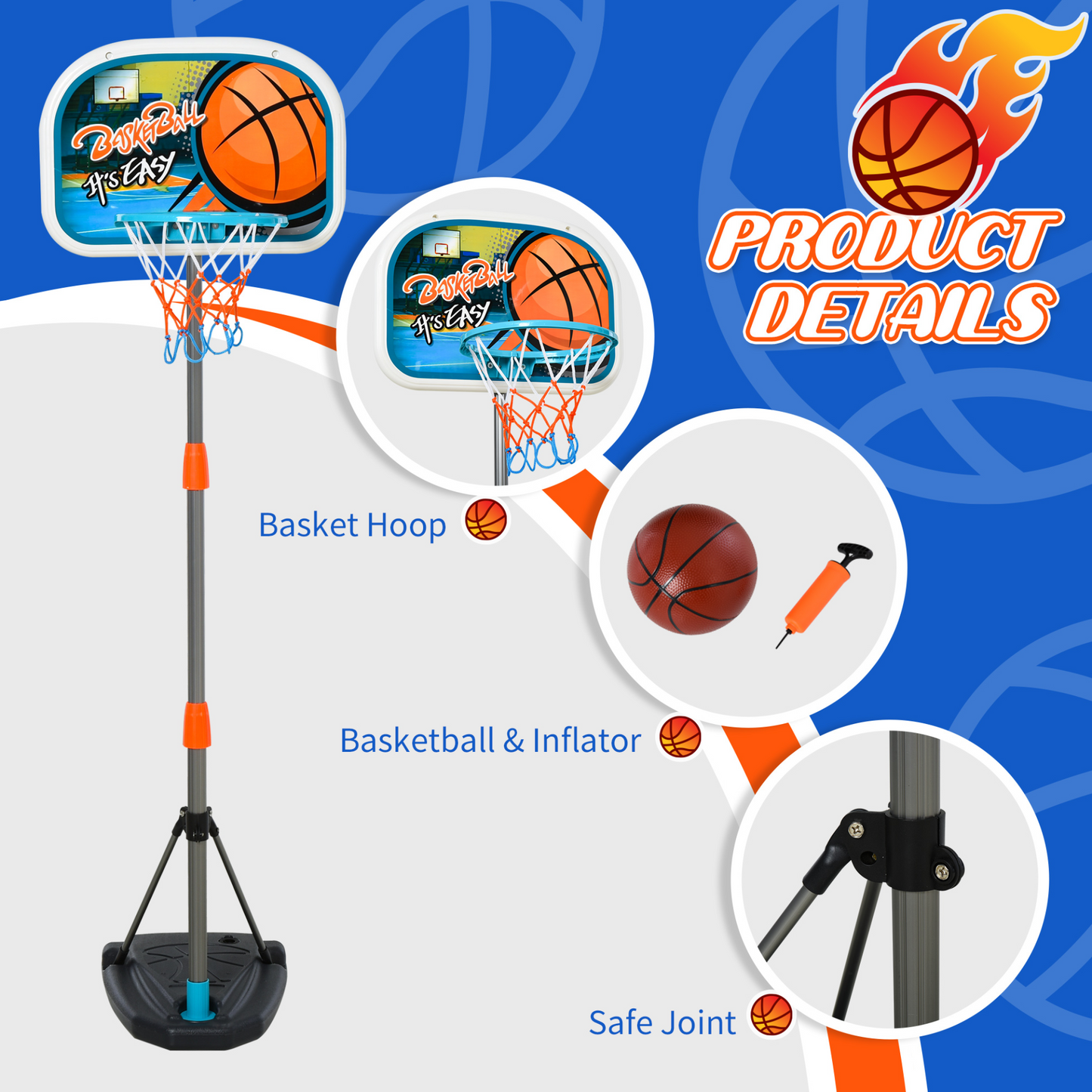 Kids Basketball Hoop and Stand Portable Basketball Stand Set w/ Ball Pump Netting Backboard Adjustable Height from 126 cm to 158 cm