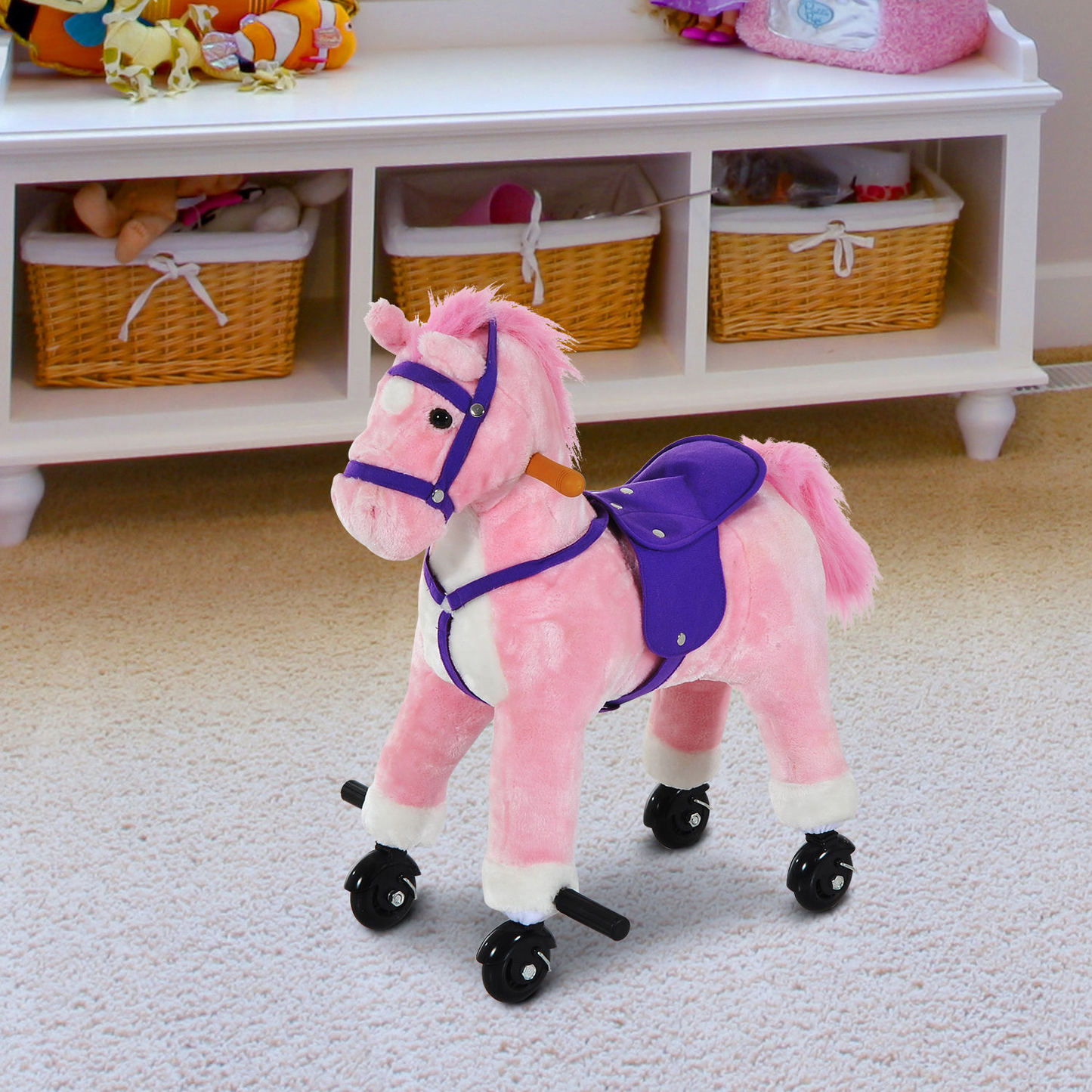 Wooden Action Pony Wheeled Walking Horse Riding Little Baby Plush Toy Wooden Style Ride on Animal Kids Gift w/Sound (Pink)