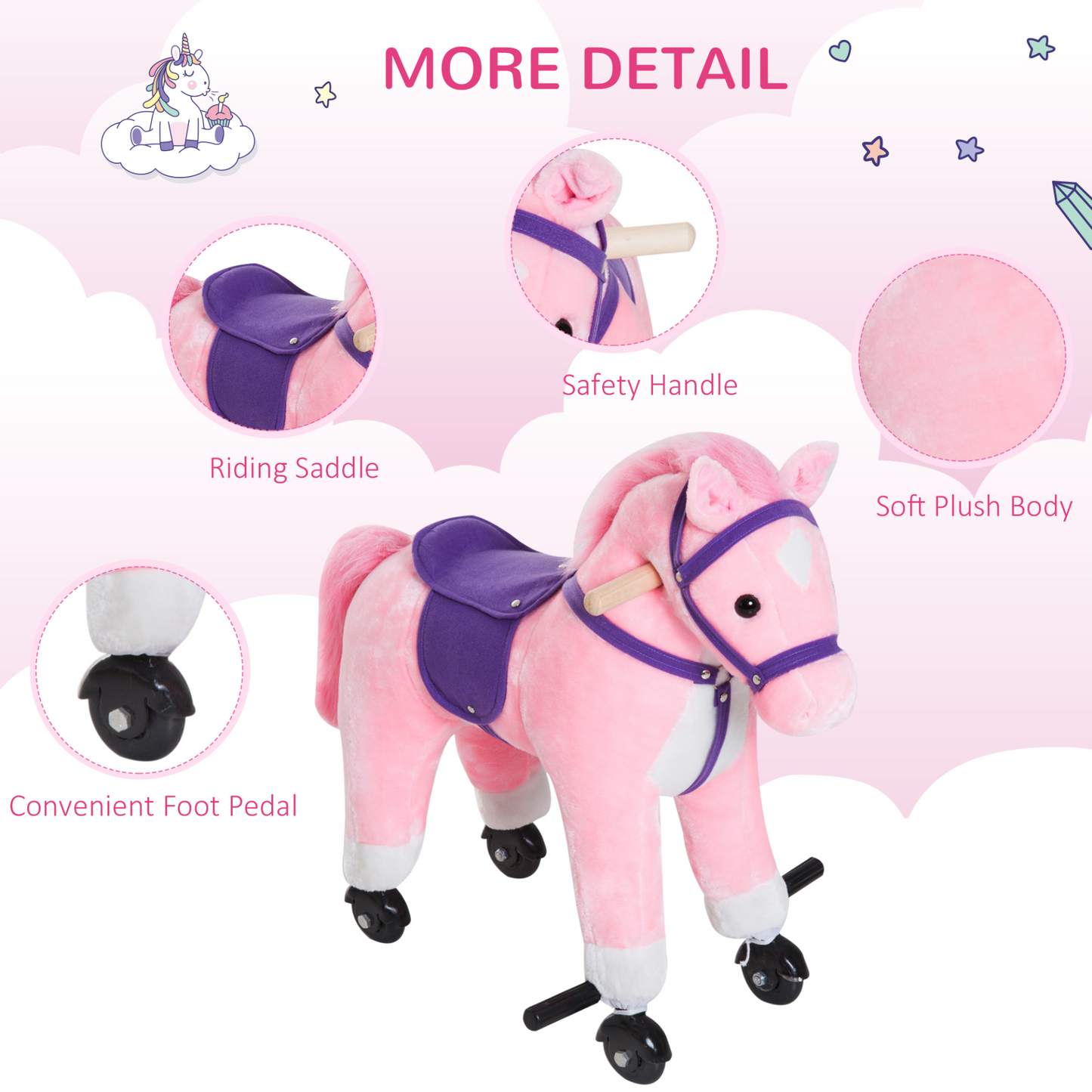 Wooden Action Pony Wheeled Walking Horse Riding Little Baby Plush Toy Wooden Style Ride on Animal Kids Gift w/Sound (Pink)