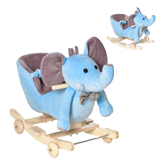 2 In 1 Plush Baby Ride on Rocking Horse Elephant Rocker with Wheels Wooden Toy for Kids 32 Songs (Blue)