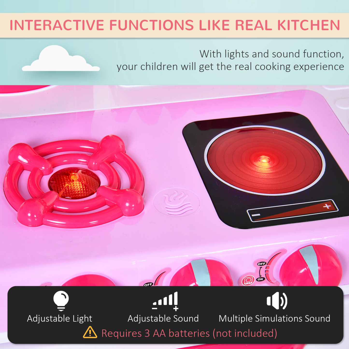 38 Pcs Kids Children Kitchen Play Set w/ Realistic Sounds Lights Food Utensils Pots Pans Appliances Toy Game Pink