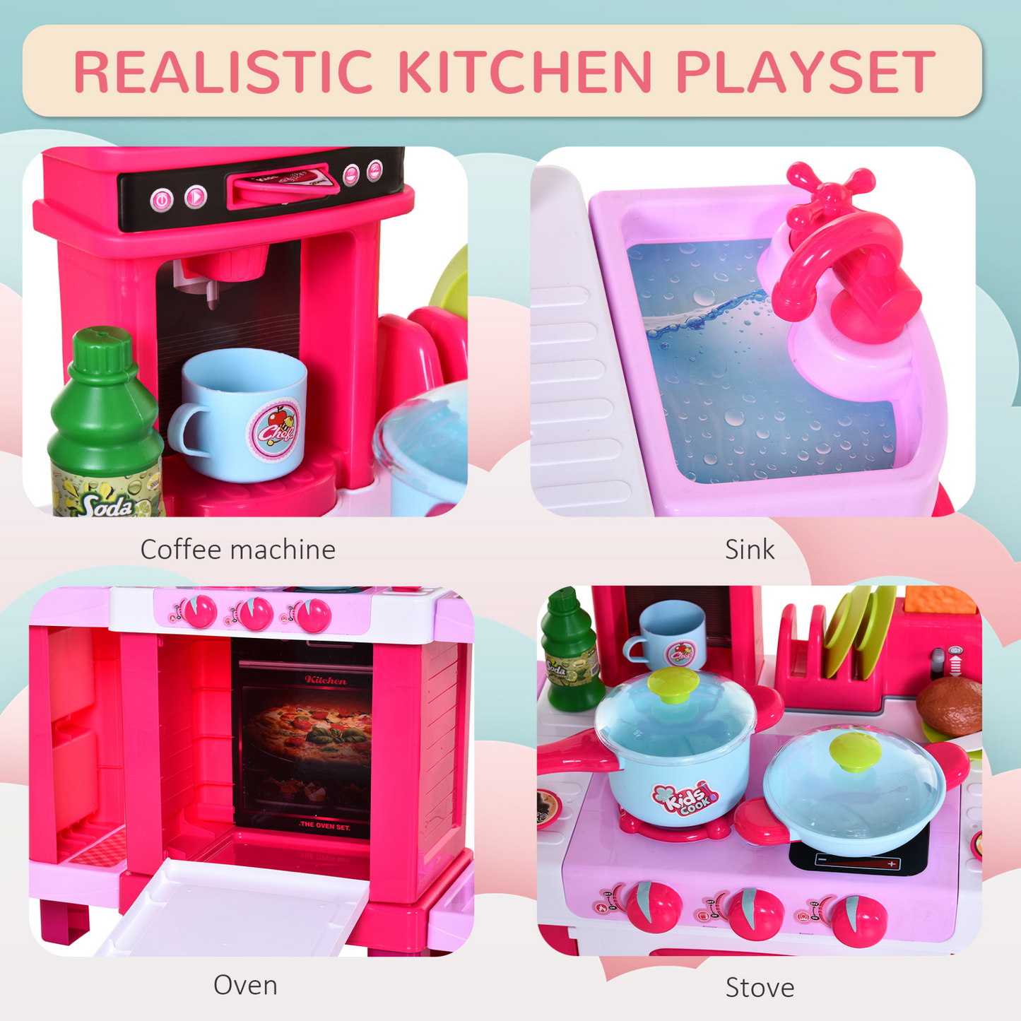 38 Pcs Kids Children Kitchen Play Set w/ Realistic Sounds Lights Food Utensils Pots Pans Appliances Toy Game Pink