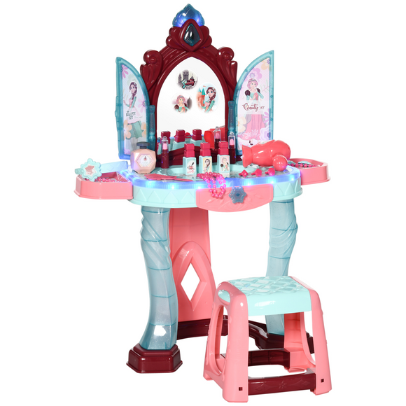 31 Piece Kids Dressing Table Set w/ Magical Princess Mirror, Music and Light, Beauty Kit, Mirror, Stool. for Ages 3-6 Years - Blue and Pink