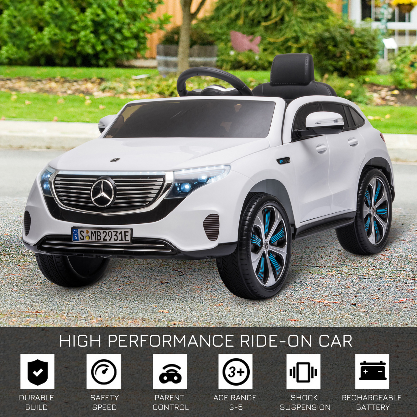 Mercedes Benz EQC 400 12V Battery-powered 2 Motors Kids Electric Ride On Car Toy with Parental Remote Control Music Lights Bluetooth Suspension Wheels for 3-5 Years Old White