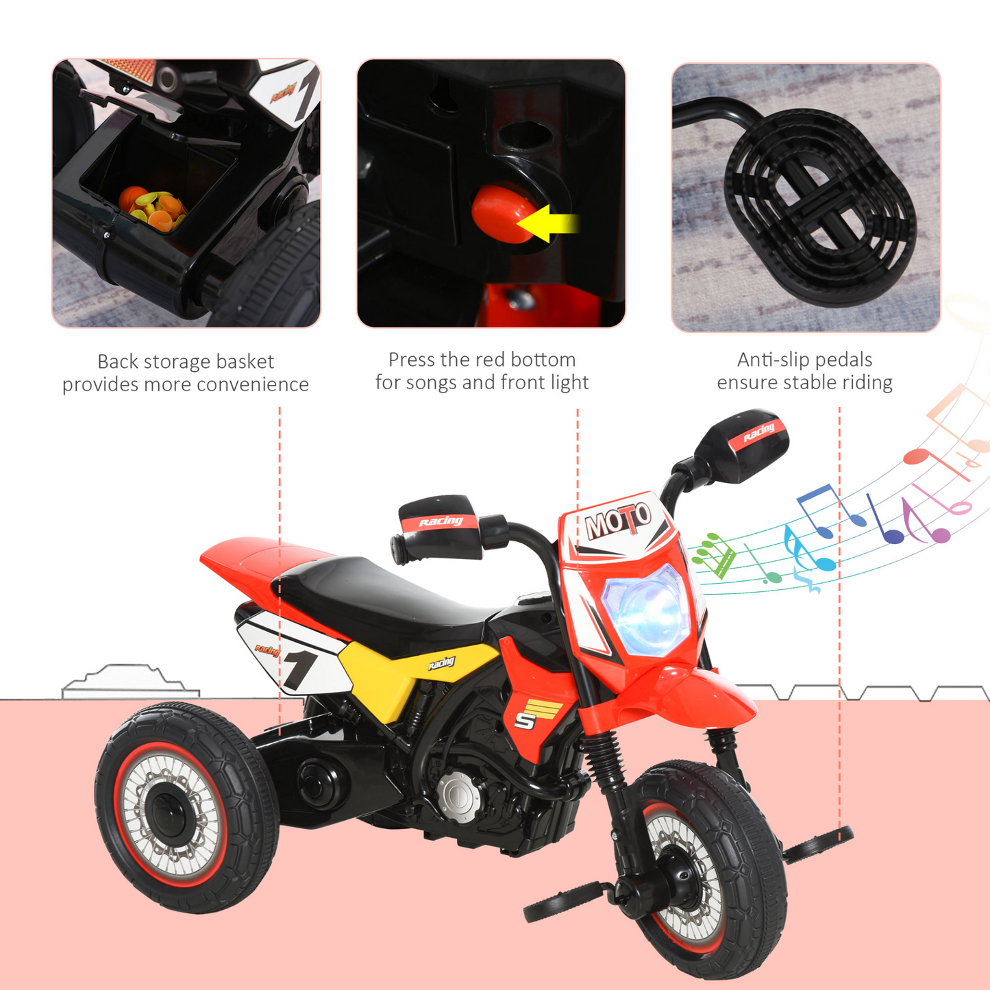 HOMCOM Toddler Pedal Motorcycle Kids Ride On Tricycle Early Learning w/ Music Lights Handlebar Stickers Exercise Boys Girls Gift for Kids 18 - 36 Months Red