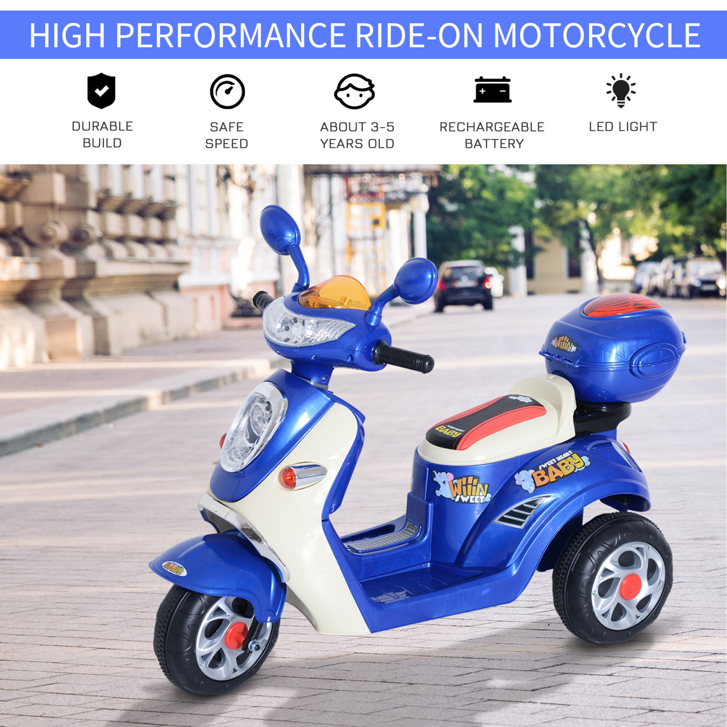 Kids Electric Ride On Toy Car Kids Motorbike Children Tricycle w/6V Chargeable Battery Headlight and Music for 3-5 Years (Blue)