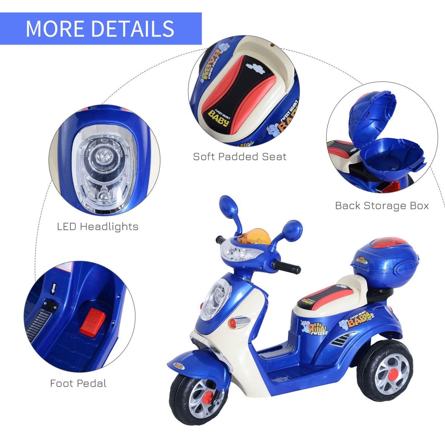 Kids Electric Ride On Toy Car Kids Motorbike Children Tricycle w/6V Chargeable Battery Headlight and Music for 3-5 Years (Blue)