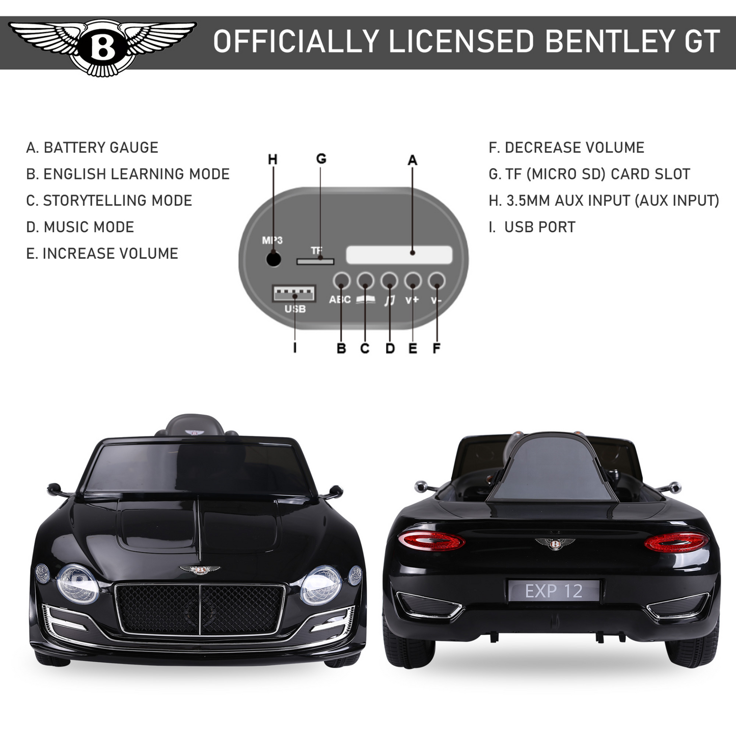 Bentley GT Electric Kids Ride On Car 12V Battery Powered Toy Two Motors with LED Light Music Parental Remote Control for 3 - 5 Years Black Bentley