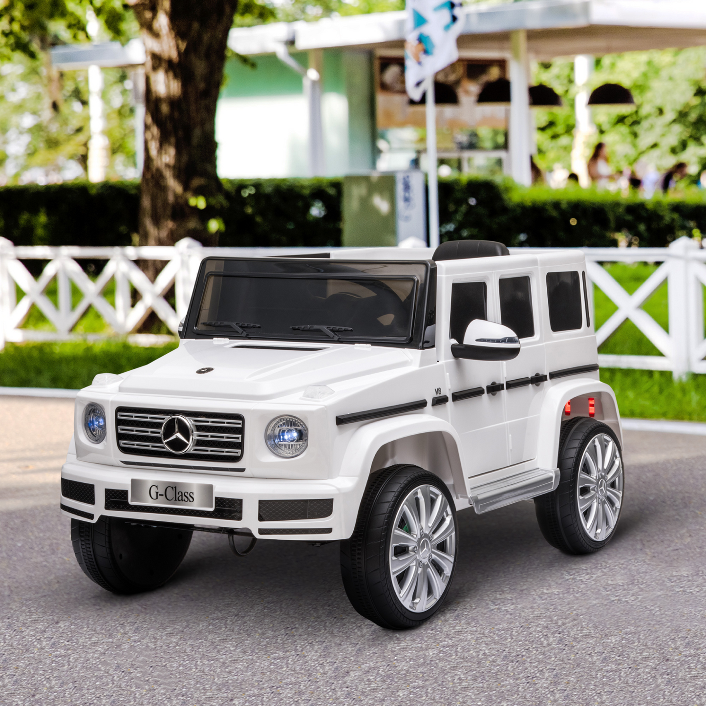 LICENSED MERCEDES BENZ G500 12V powered 2 Motor Ride On Car with Parental Remote Control Music Lights MP3 Suspension Wheels for 3-8 Years Old White