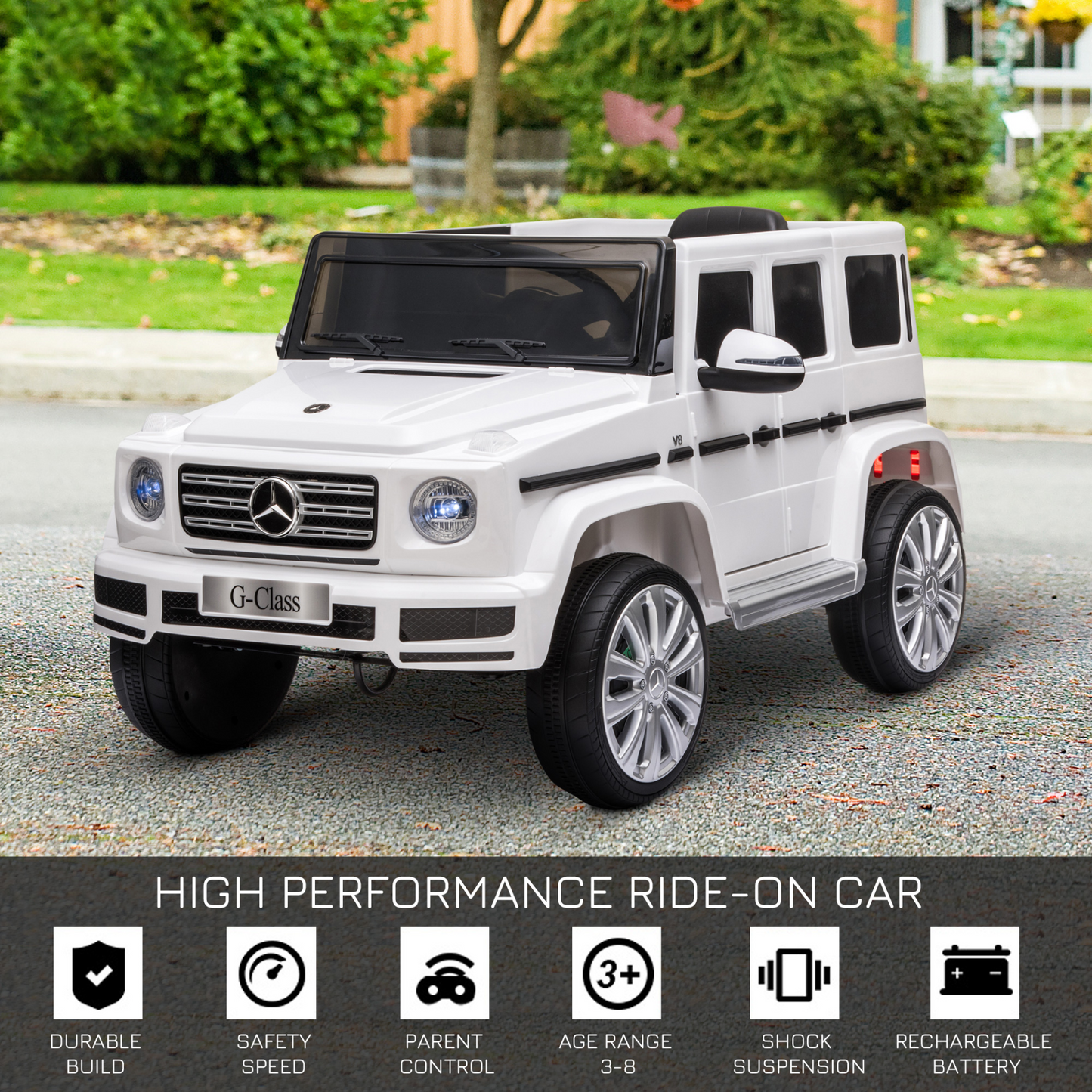 LICENSED MERCEDES BENZ G500 12V powered 2 Motor Ride On Car with Parental Remote Control Music Lights MP3 Suspension Wheels for 3-8 Years Old White