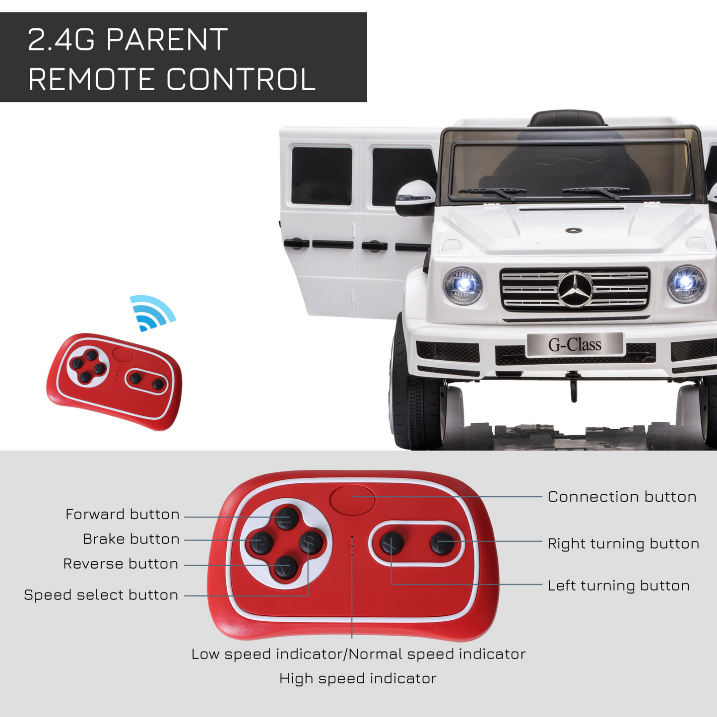 LICENSED MERCEDES BENZ G500 12V powered 2 Motor Ride On Car with Parental Remote Control Music Lights MP3 Suspension Wheels for 3-8 Years Old White