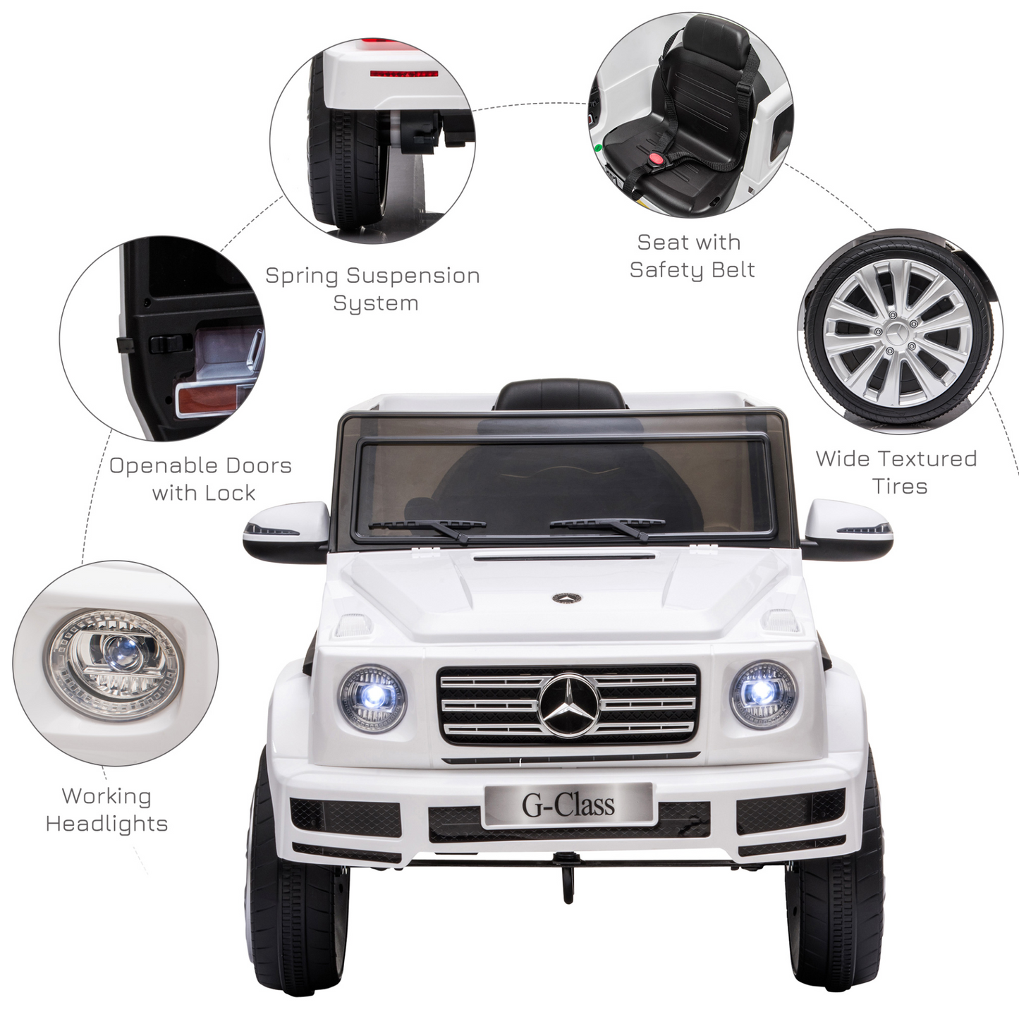 LICENSED MERCEDES BENZ G500 12V powered 2 Motor Ride On Car with Parental Remote Control Music Lights MP3 Suspension Wheels for 3-8 Years Old White