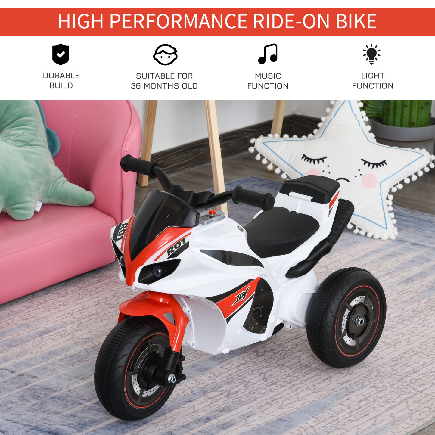 Ride-On Police Bike 3-Wheel Vehicle w/ Music Lights Safe Seat Handlebars Toddler NO POWER Child Learning Fun Development 18-36 Months White