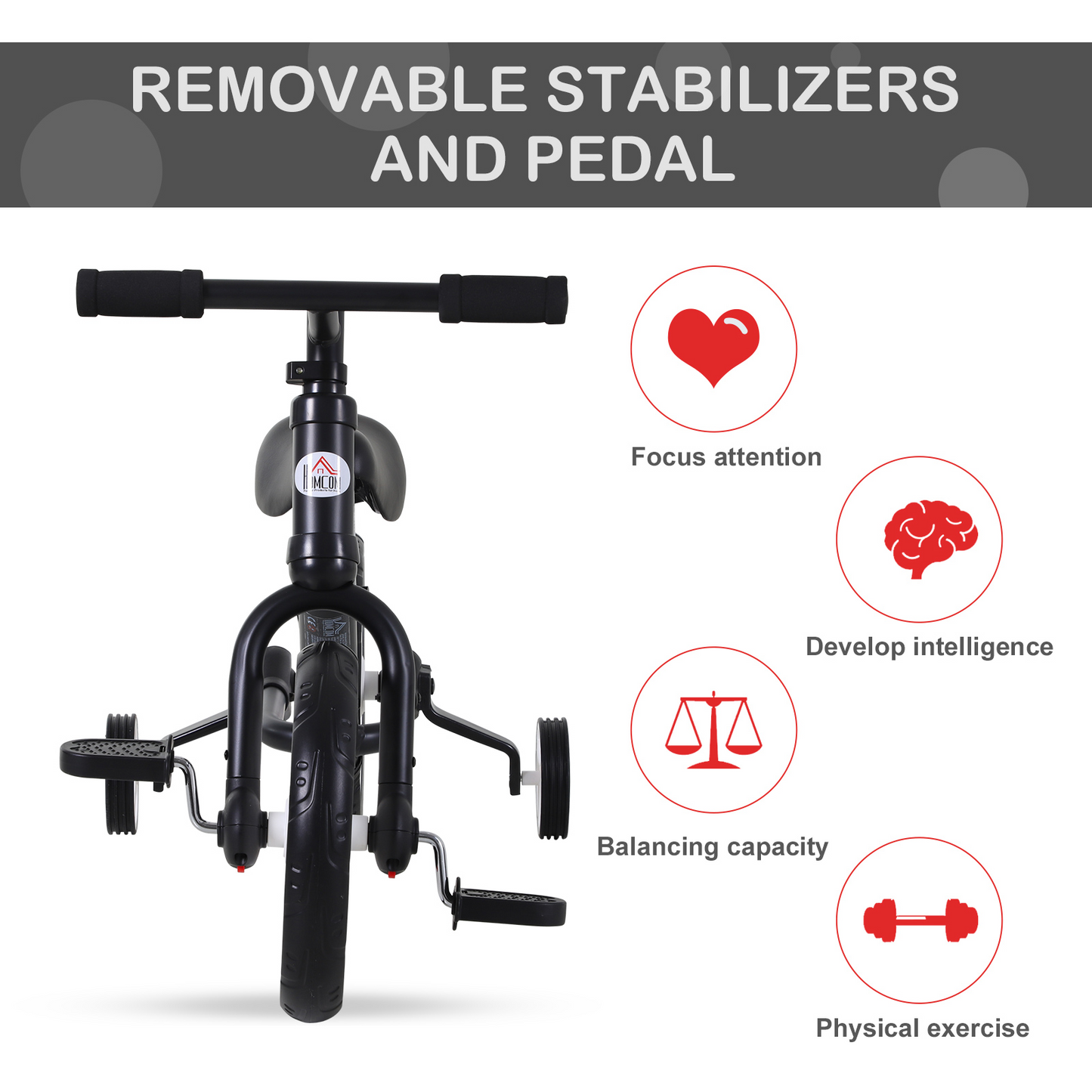 11 Inch Kids Balance Bike Training Pedal Bicycle W/ Removable Stabilizers EVA Tyres Adjustable Seat Height 2 to 5 Years Gift for Boys Girls Black