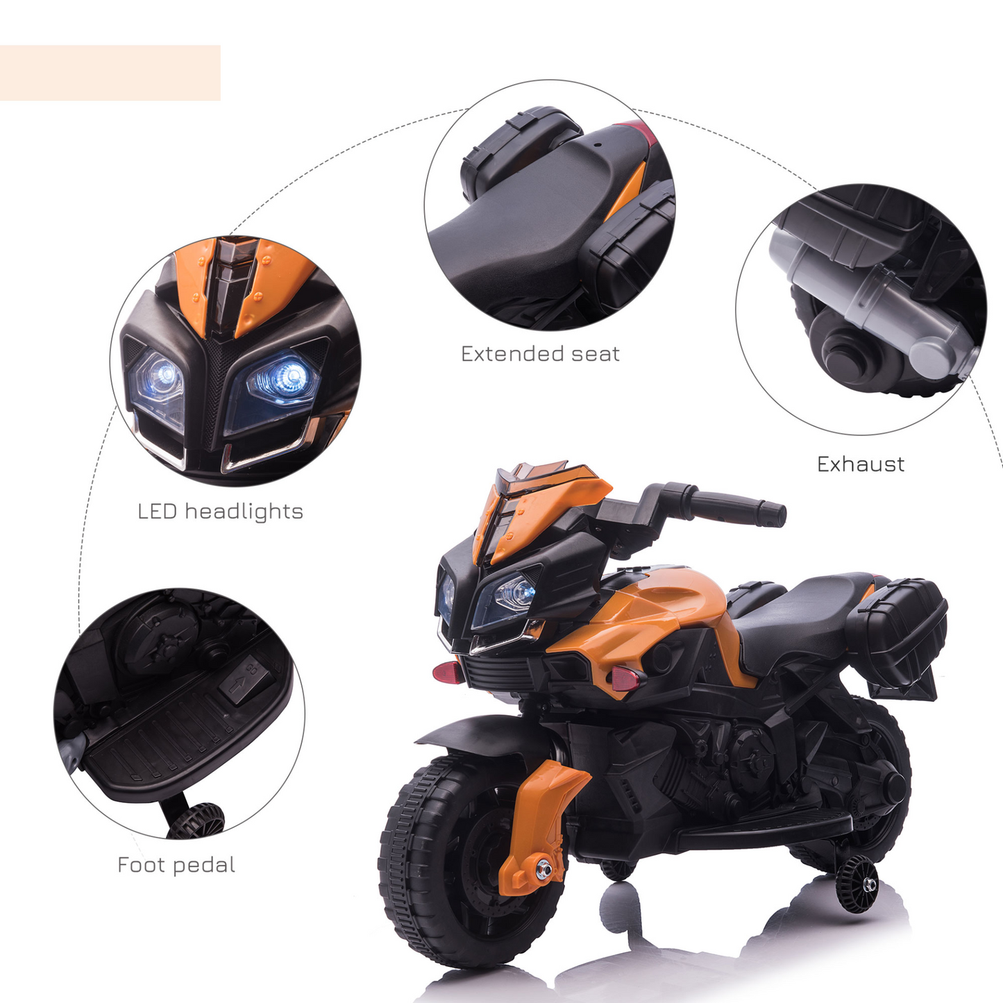 6V Electric Ride On Motorcycle Vehicle w/ Lights Horn Realistic Sounds Outdoor Play Toy for 1.5-4 Years Old Orange