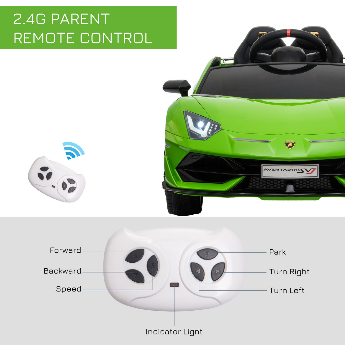 Lamborghini SVJ 12V Battery-powered 2 Motors Kids Electric Ride On Car Lamborghini Aventador Racing Car Toy with Parental Remote Control Music Lights Suspension Wheels for 3-8 Years Old Green