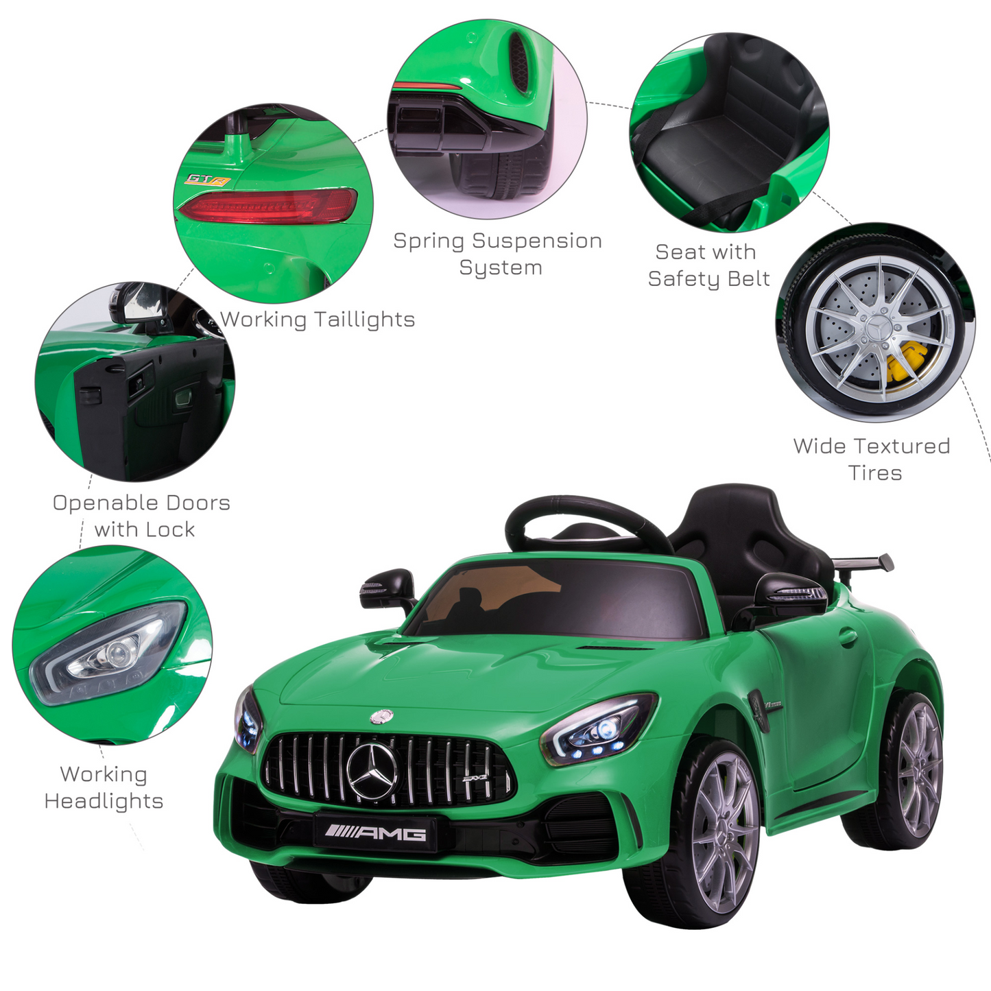 OFFICIALLY LICENSED MERCEDES BENZ AMG GTR 12v, 2 Motors Kids Electric Ride On Car GTR Toy with Parental Remote Control Music Lights MP3 Suspension Wheels for 3-5 Years Old Green