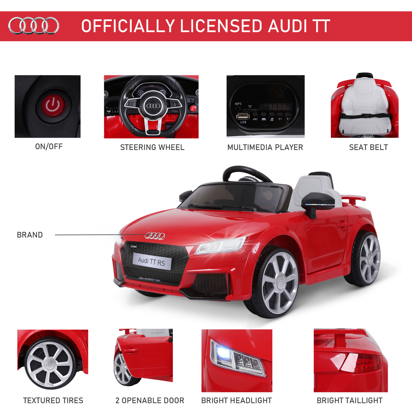 Audi TT 12V Rechargeable Battery Ride On Car w/ Remote Forward Reverse Lights Horn MP3 Player Red w/ Seat Belt Audi TT