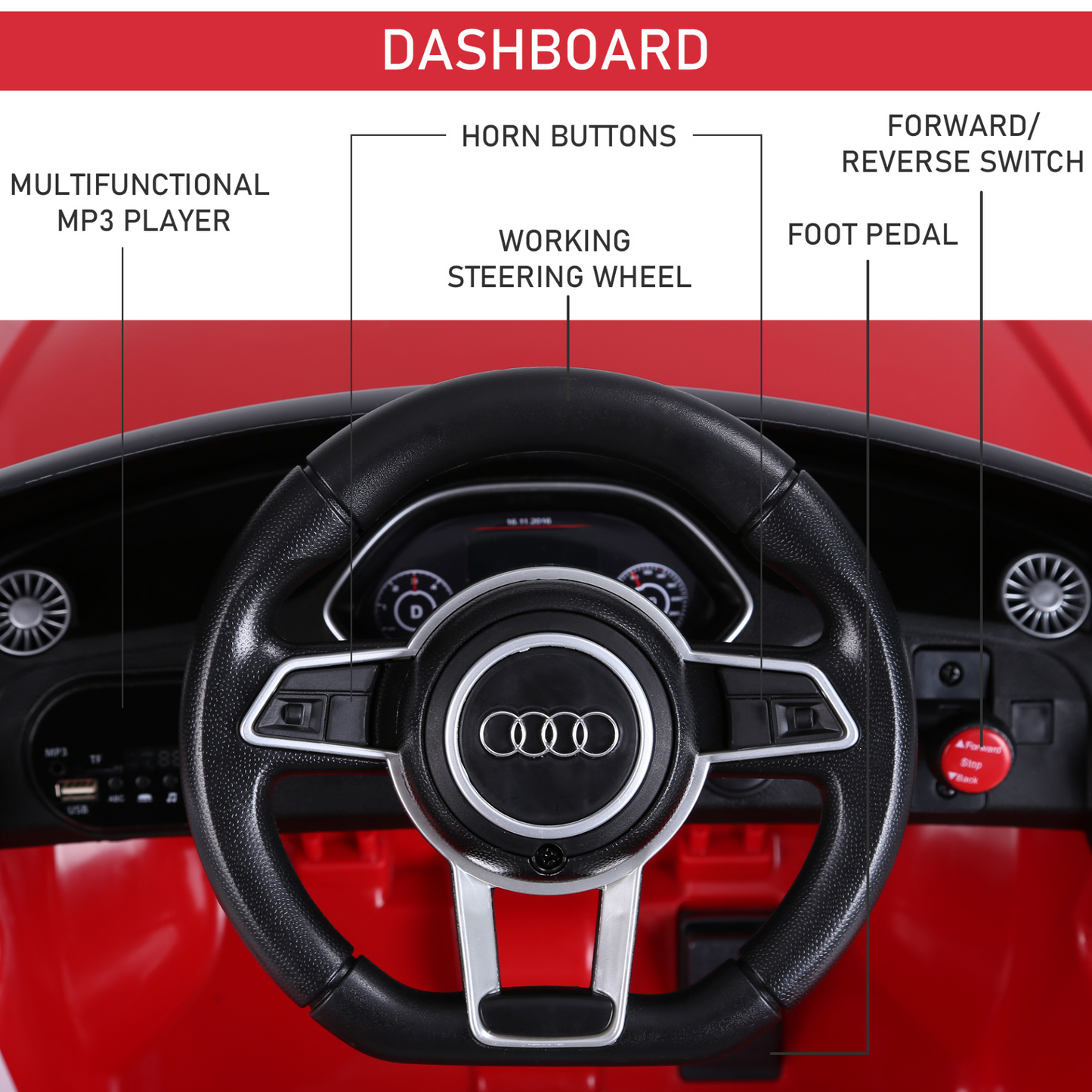 Audi TT 12V Rechargeable Battery Ride On Car w/ Remote Forward Reverse Lights Horn MP3 Player Red w/ Seat Belt Audi TT