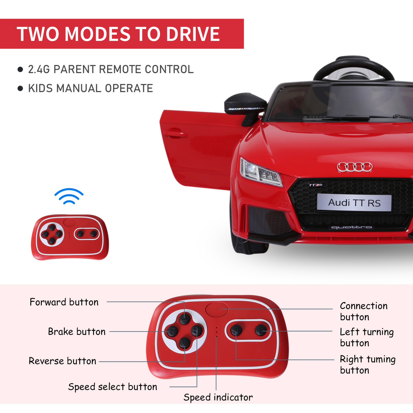 Audi TT 12V Rechargeable Battery Ride On Car w/ Remote Forward Reverse Lights Horn MP3 Player Red w/ Seat Belt Audi TT