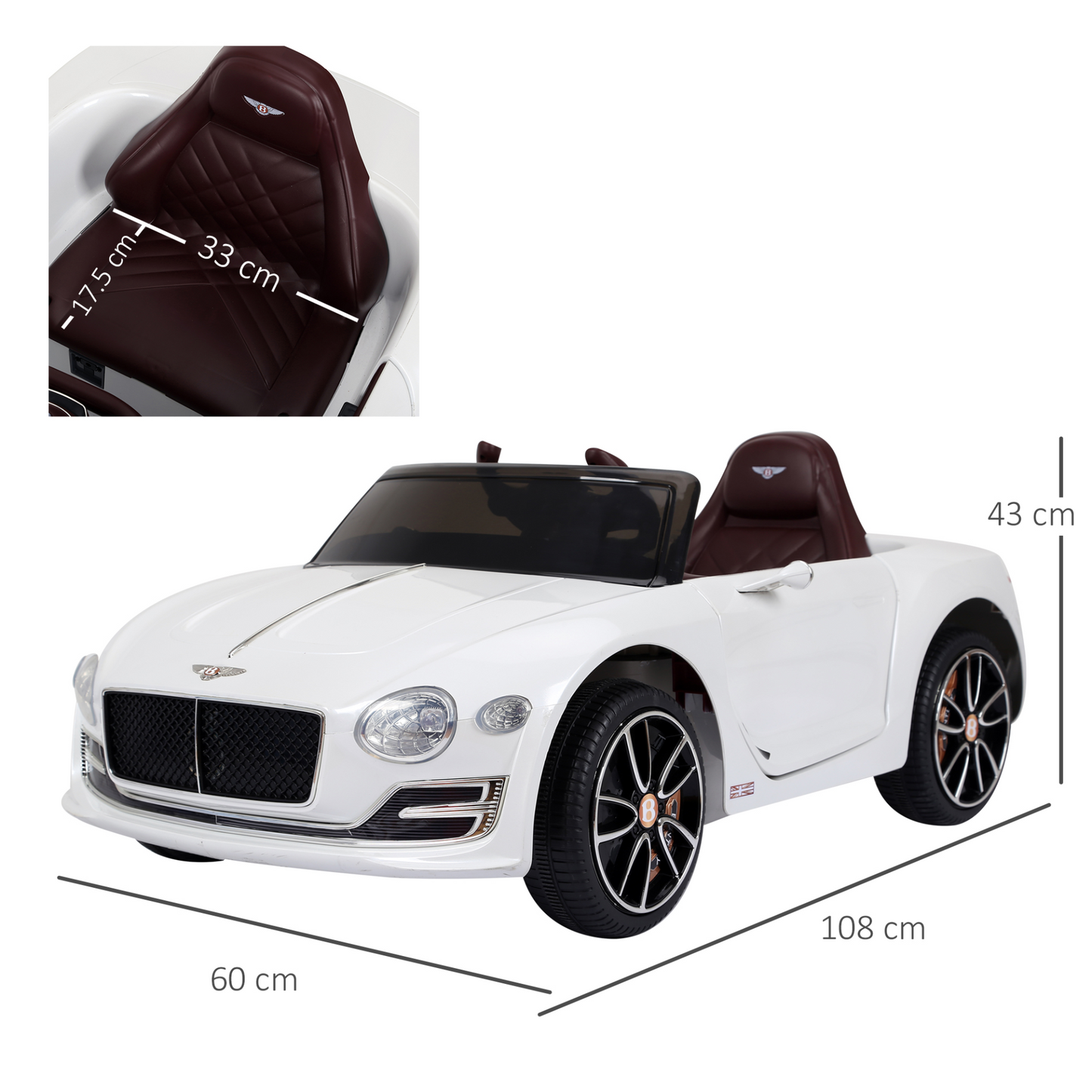 Bentley GT 12V Kids Children Electric Ride-on Car Twin Motors with LED Lights Music Parental Remote Control White