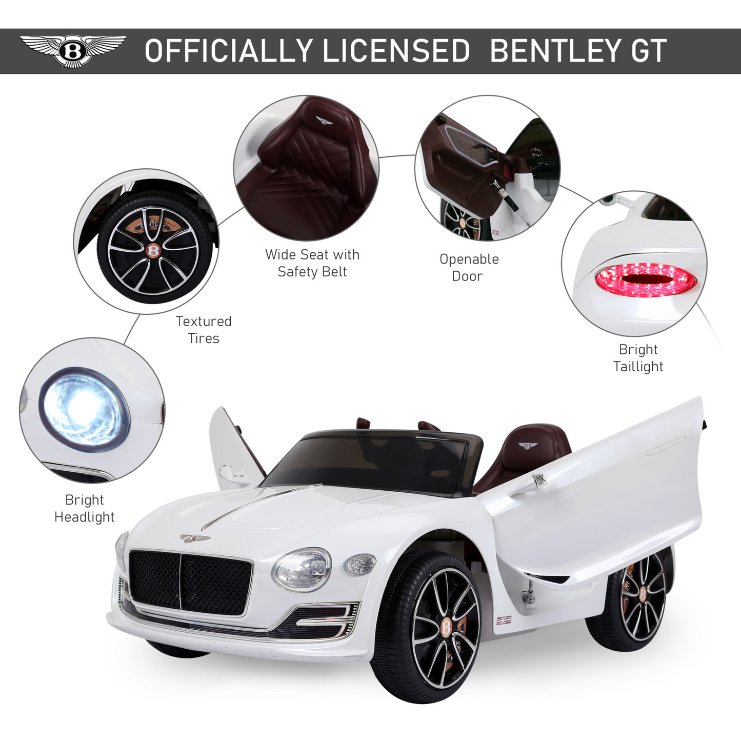 Bentley GT 12V Kids Children Electric Ride-on Car Twin Motors with LED Lights Music Parental Remote Control White