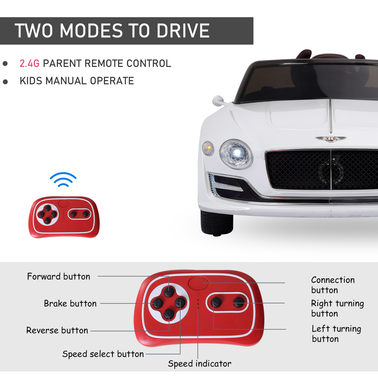 Bentley GT 12V Kids Children Electric Ride-on Car Twin Motors with LED Lights Music Parental Remote Control White