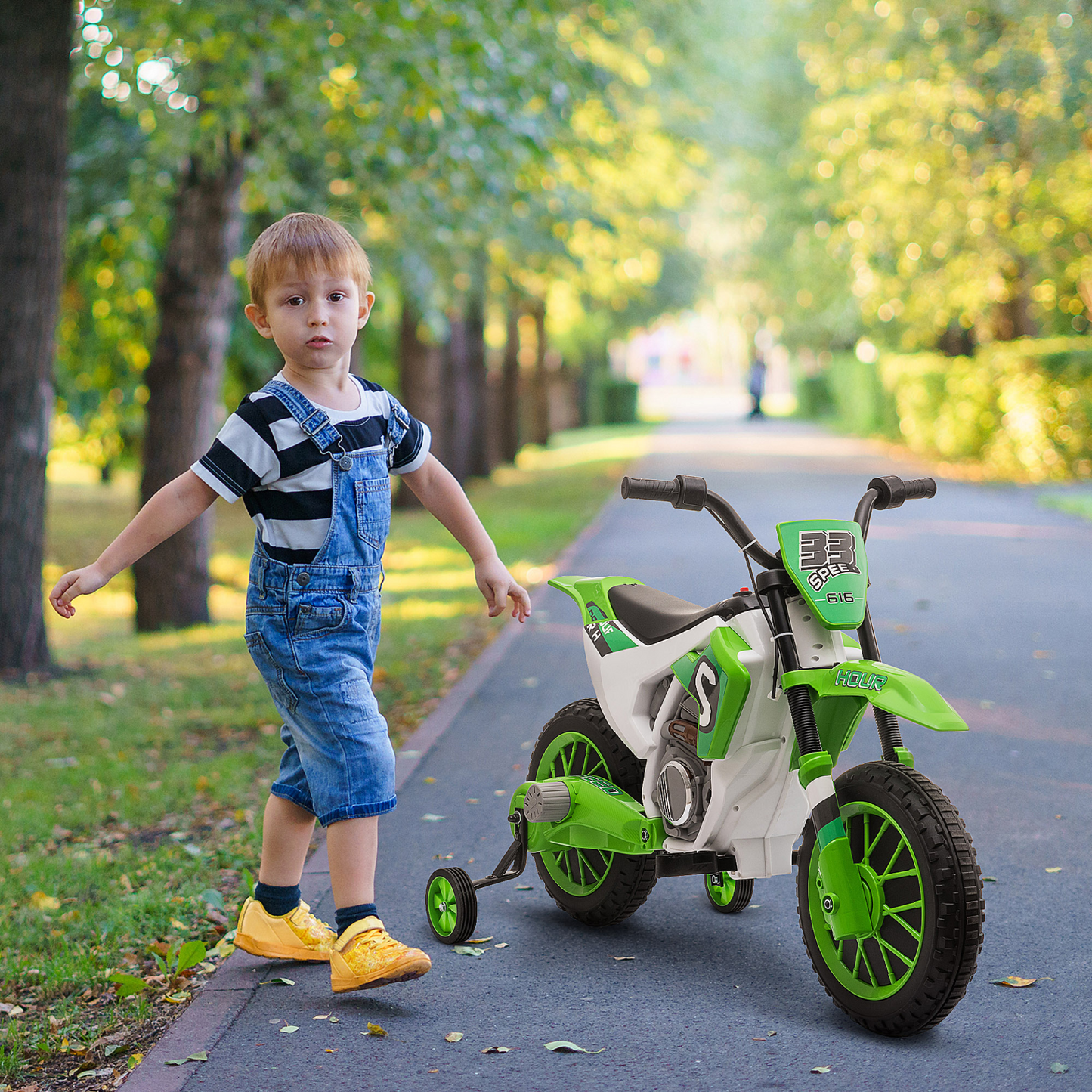 12V Kids Electric Motorbike Ride-On Motorcycle Vehicle Toy w/ Training Wheels, for Ages 3-5 Years - Green