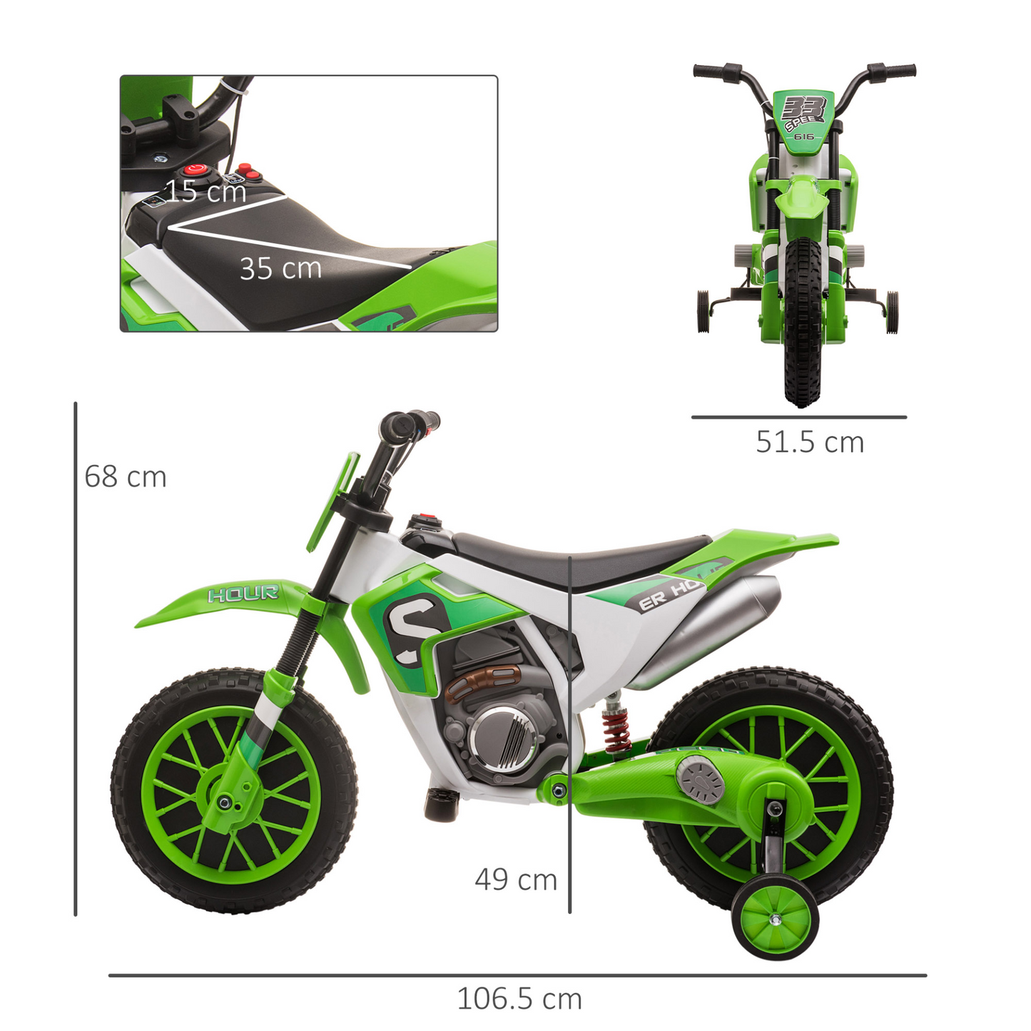 12V Kids Electric Motorbike Ride-On Motorcycle Vehicle Toy w/ Training Wheels, for Ages 3-5 Years - Green