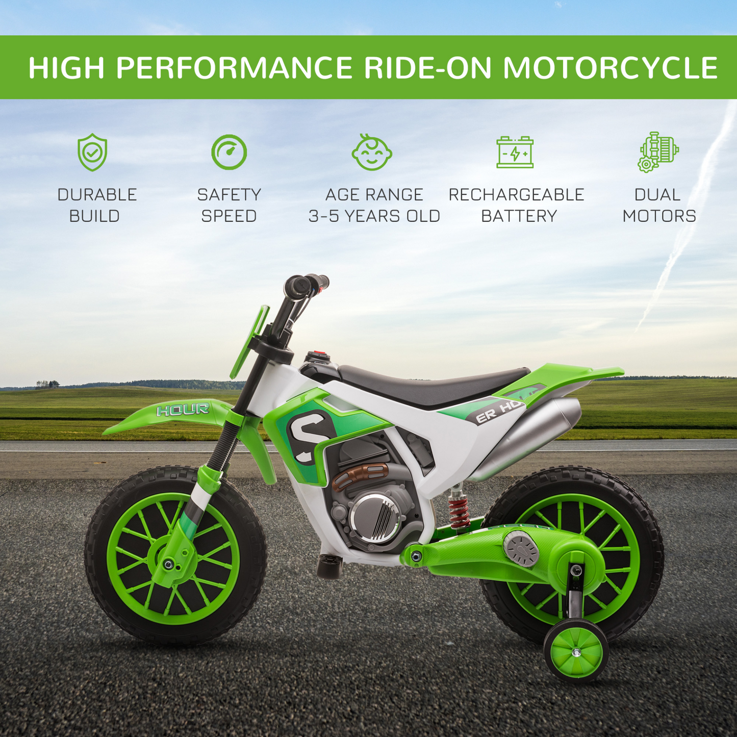 12V Kids Electric Motorbike Ride-On Motorcycle Vehicle Toy w/ Training Wheels, for Ages 3-5 Years - Green