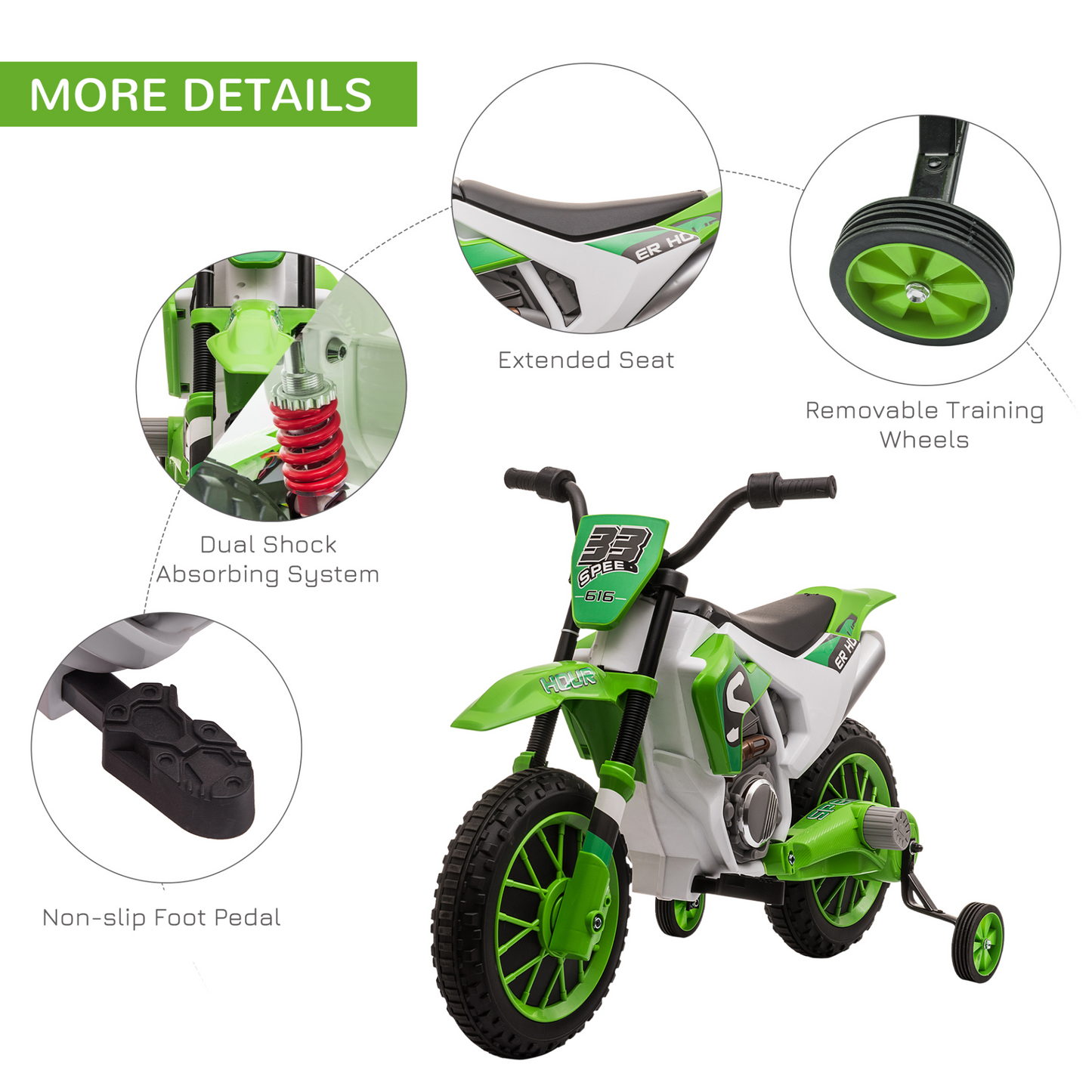 12V Kids Electric Motorbike Ride-On Motorcycle Vehicle Toy w/ Training Wheels, for Ages 3-5 Years - Green