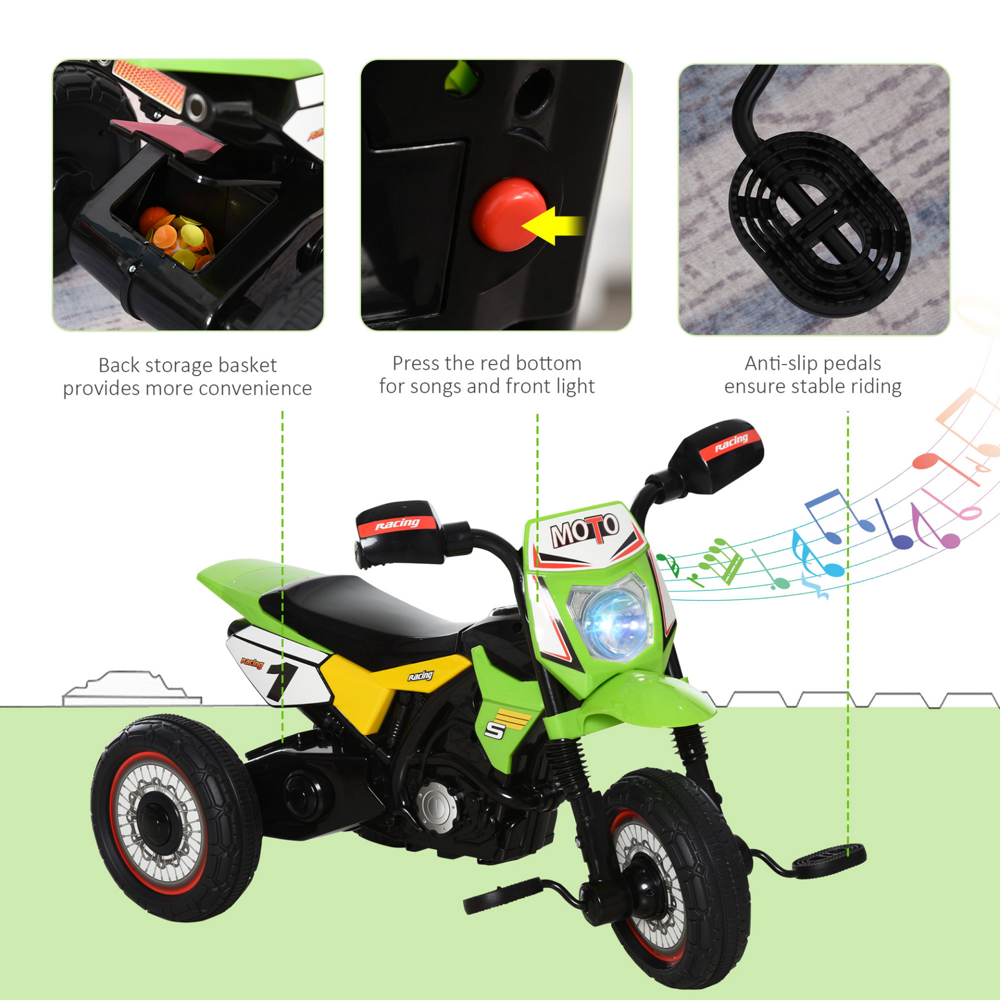 Toddler Pedal Motorcycle Kids Ride On Tricycle Early Learning w/ Music Lights Handlebar Stickers Exercise Boys Girls Gift for Kids 18 - 36 Months Green