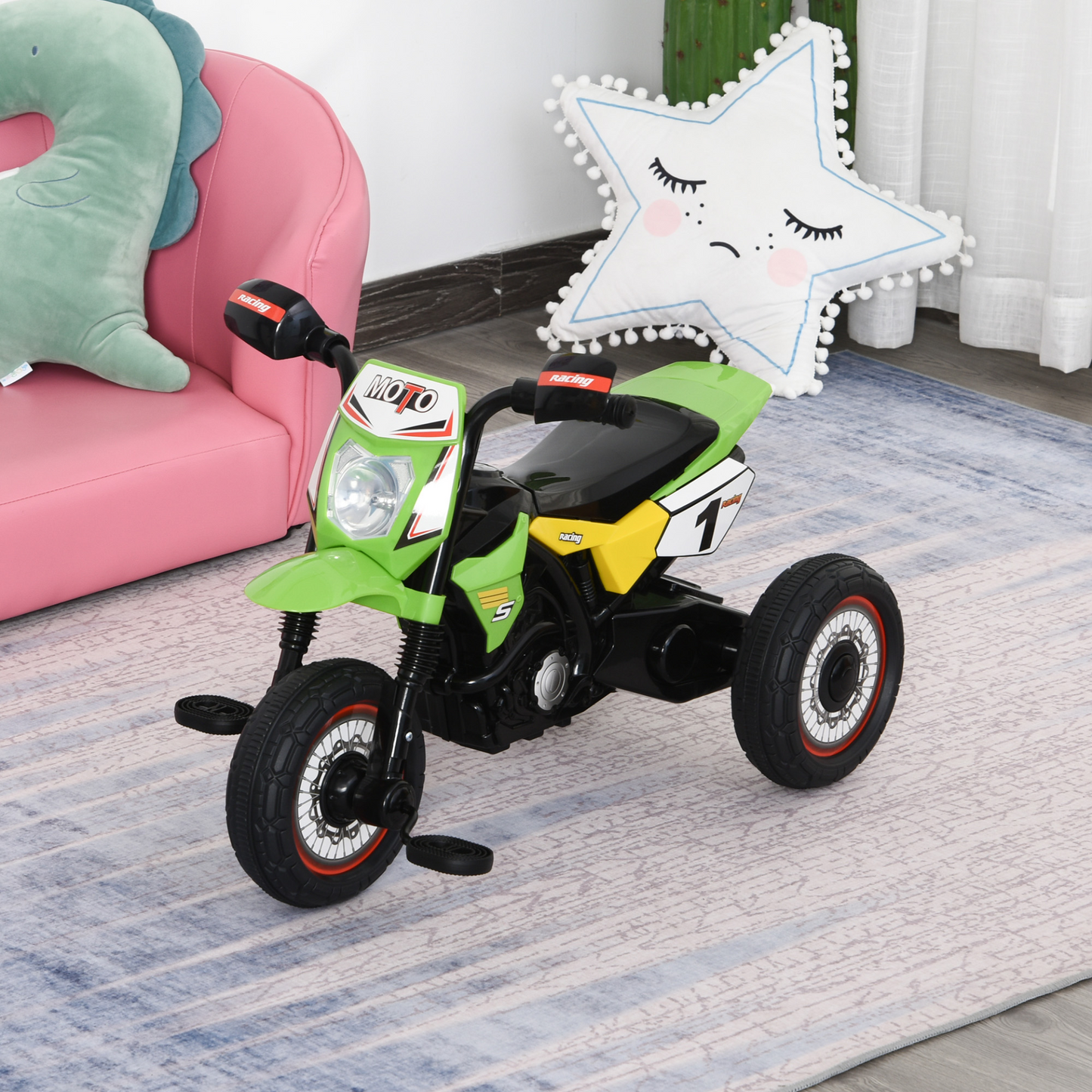 Toddler Pedal Motorcycle Kids Ride On Tricycle Early Learning w/ Music Lights Handlebar Stickers Exercise Boys Girls Gift for Kids 18 - 36 Months Green