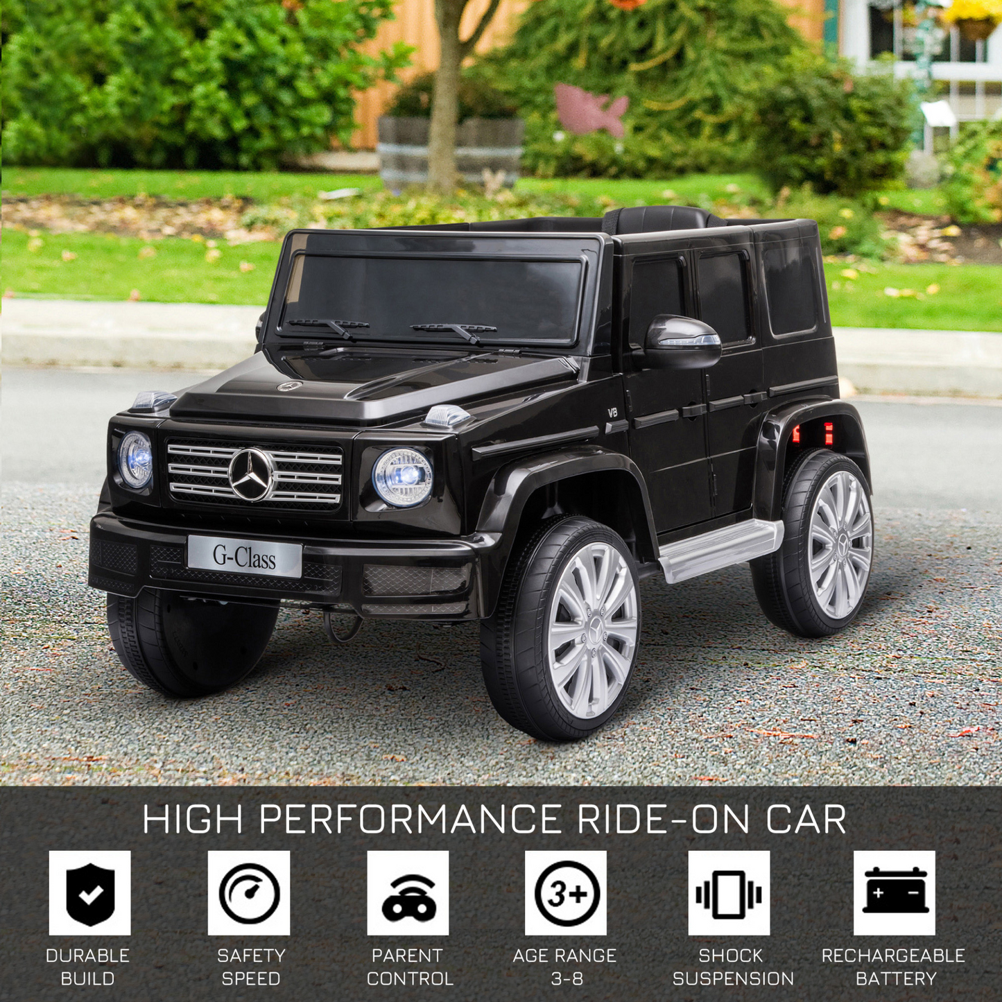 Mercedes Benz 12V Battery-powered 2 Motors Kids Electric Ride On Car Mercedes Benz G500 Toy with Parental Remote Control Music Lights MP3 Suspension Wheels for 3-8 Years Old Black