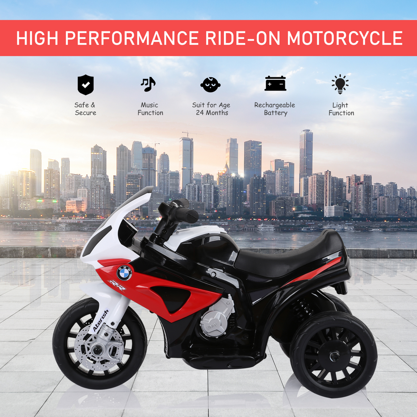 Licensed BMW 3 Wheel Electric Motorbike Ride on Motorcycle w/ Headlights Music Battery Powered Play Bike 6V Red BMW S1000RR